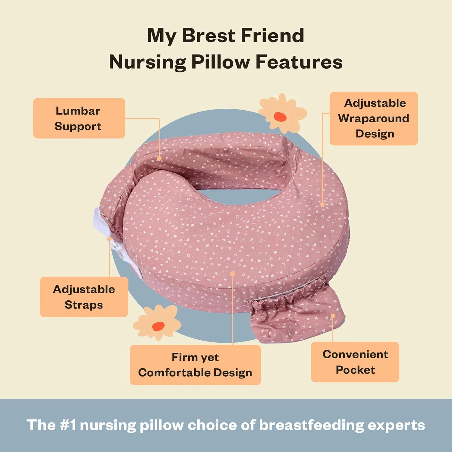 My Brest Friend Original Nursing Pillow Enhanced Ergonomics Essential Breastfeeding Pillow Support for Mom & Baby W/Convenient Side Pocket, Double Straps & Slipcover, Dusty Rose Geo