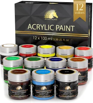 MyArtscape Acrylic Paint Set - 12 x 100ml Bottles - Artist Quality Paints - Lightfast - Heavy Body - Highly Pigmented Colors with Great Coverage - Professional Art Supplies