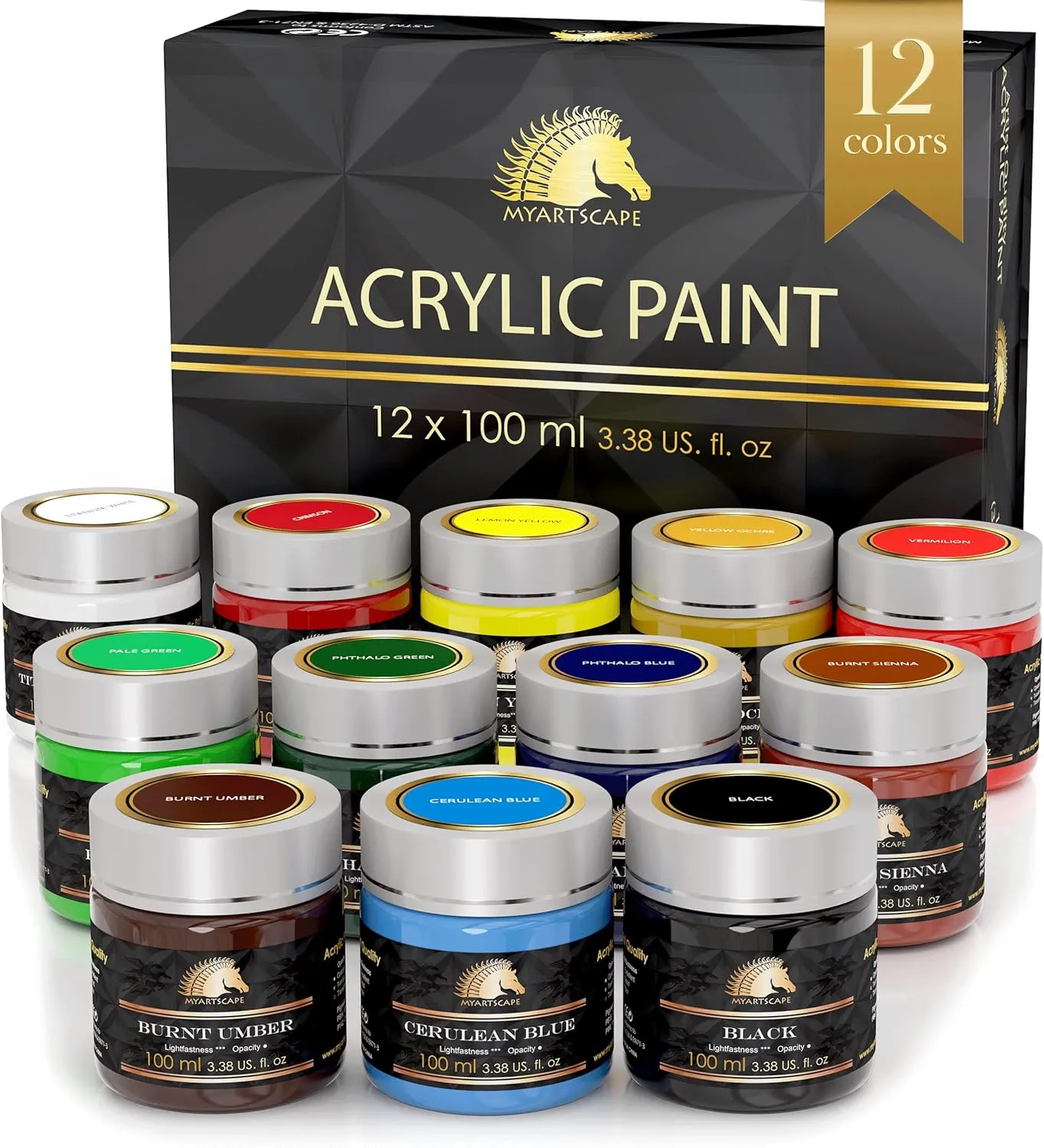 MyArtscape Acrylic Paint Set - 12 x 100ml Bottles - Artist Quality Paints - Lightfast - Heavy Body - Highly Pigmented Colors with Great Coverage - Professional Art Supplies