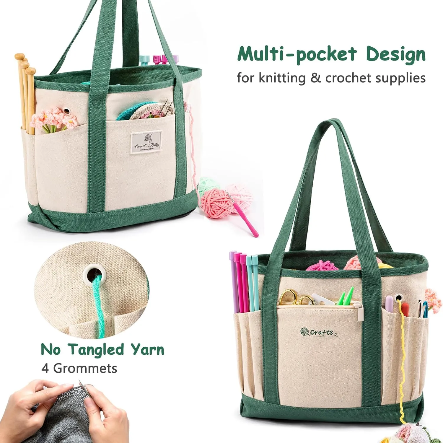 MYBAGZING Canvas Yarn Storage Organizer Bag Washable Crochet Bag with Pockets for Yarn, Hooks, Needles – Travel Knitting Tote for Crafters – Gift for Crocheters & Knitters (Medium/Large)