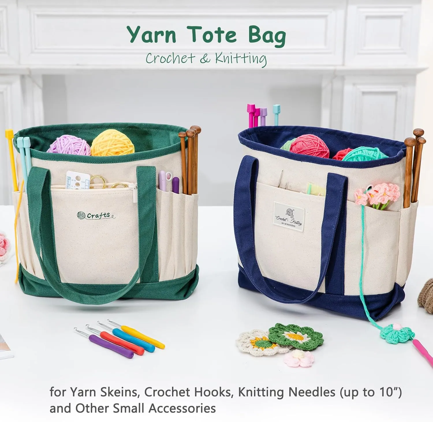 MYBAGZING Canvas Yarn Storage Organizer Bag Washable Crochet Bag with Pockets for Yarn, Hooks, Needles – Travel Knitting Tote for Crafters – Gift for Crocheters & Knitters (Medium/Large)