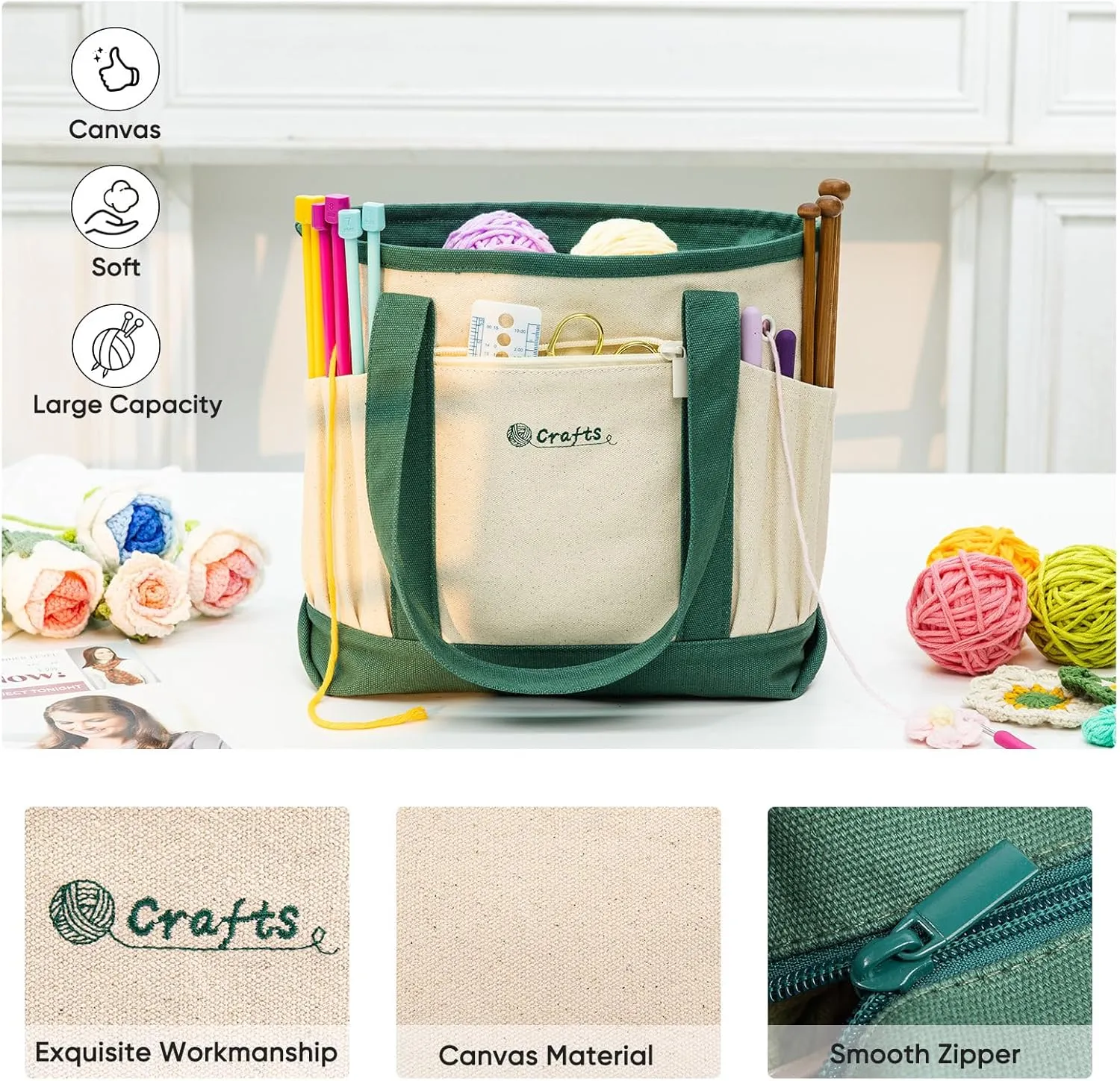 MYBAGZING Canvas Yarn Storage Organizer Bag Washable Crochet Bag with Pockets for Yarn, Hooks, Needles – Travel Knitting Tote for Crafters – Gift for Crocheters & Knitters (Medium/Large)
