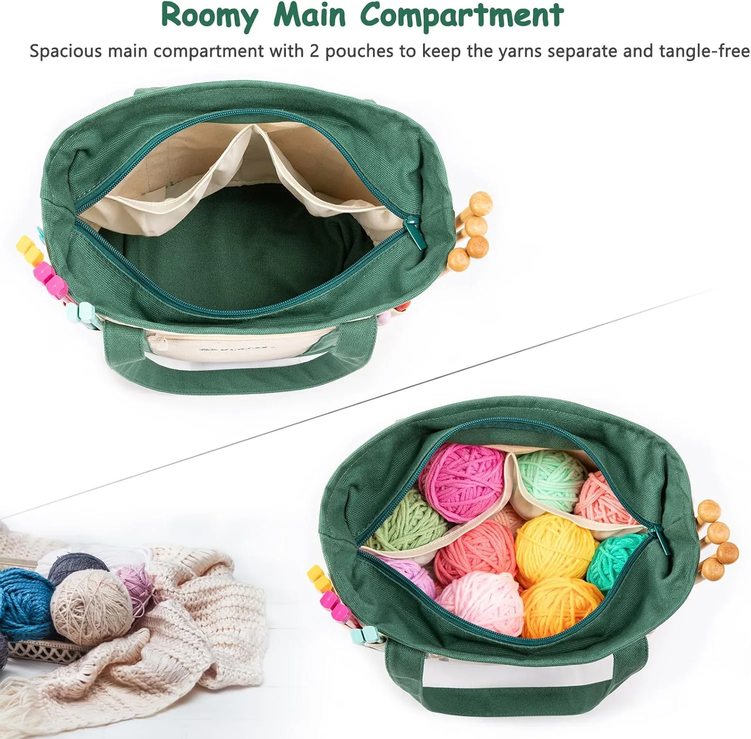 MYBAGZING Canvas Yarn Storage Organizer Bag Washable Crochet Bag with Pockets for Yarn, Hooks, Needles – Travel Knitting Tote for Crafters – Gift for Crocheters & Knitters (Medium/Large)
