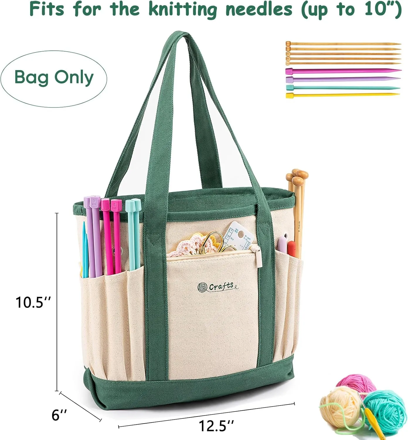 MYBAGZING Canvas Yarn Storage Organizer Bag Washable Crochet Bag with Pockets for Yarn, Hooks, Needles – Travel Knitting Tote for Crafters – Gift for Crocheters & Knitters (Medium/Large)