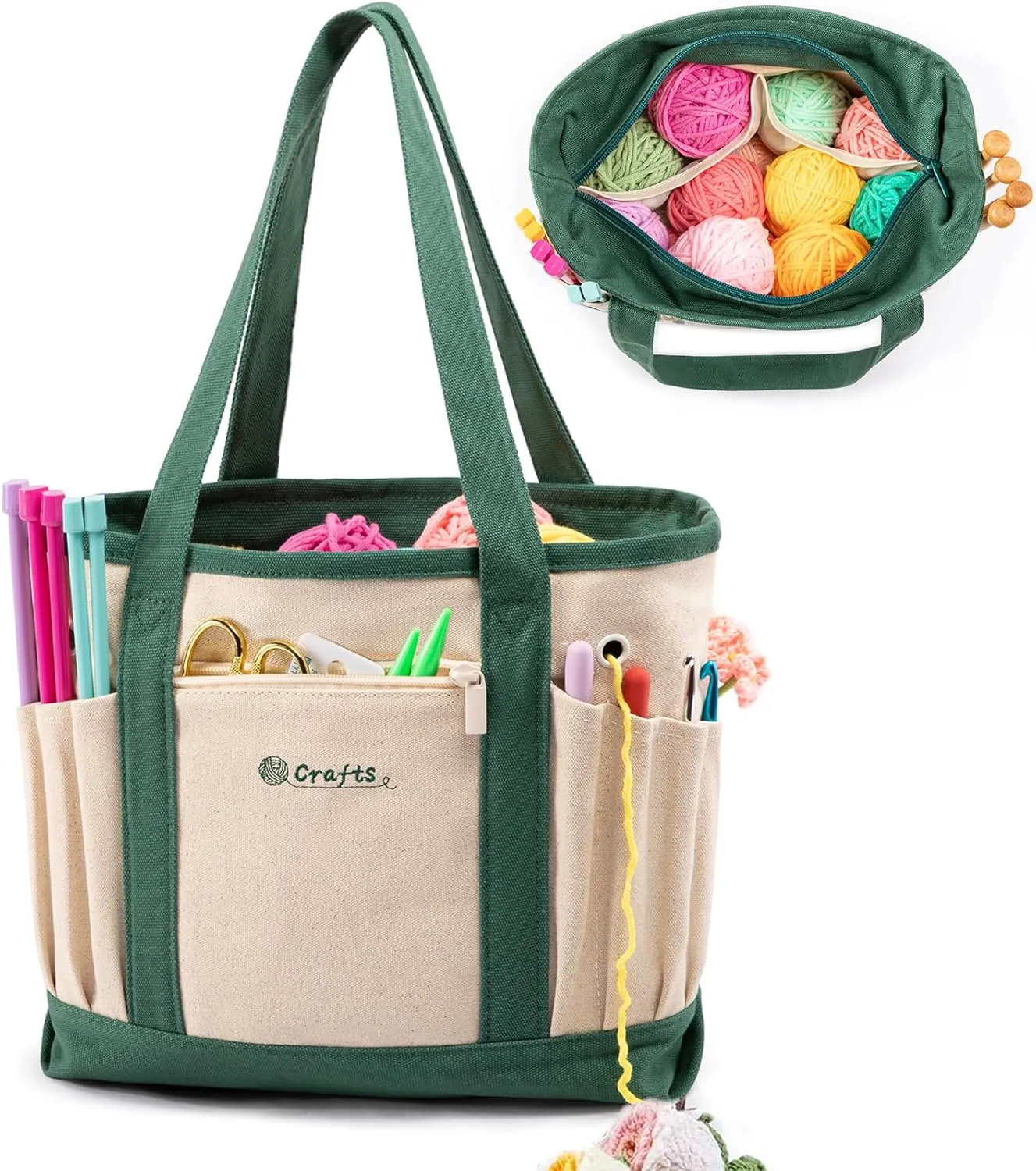 MYBAGZING Canvas Yarn Storage Organizer Bag Washable Crochet Bag with Pockets for Yarn, Hooks, Needles – Travel Knitting Tote for Crafters – Gift for Crocheters & Knitters (Medium/Large)