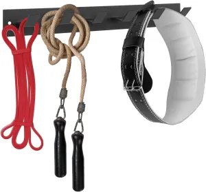 MyGift Black Metal Gym Equipment Rack, Wall Mounted Exercise and Fitness Accessories Organizer Hanging Rack with 6 Hooks for Resistance Bands, Jump Ropes, and Weight Belts
