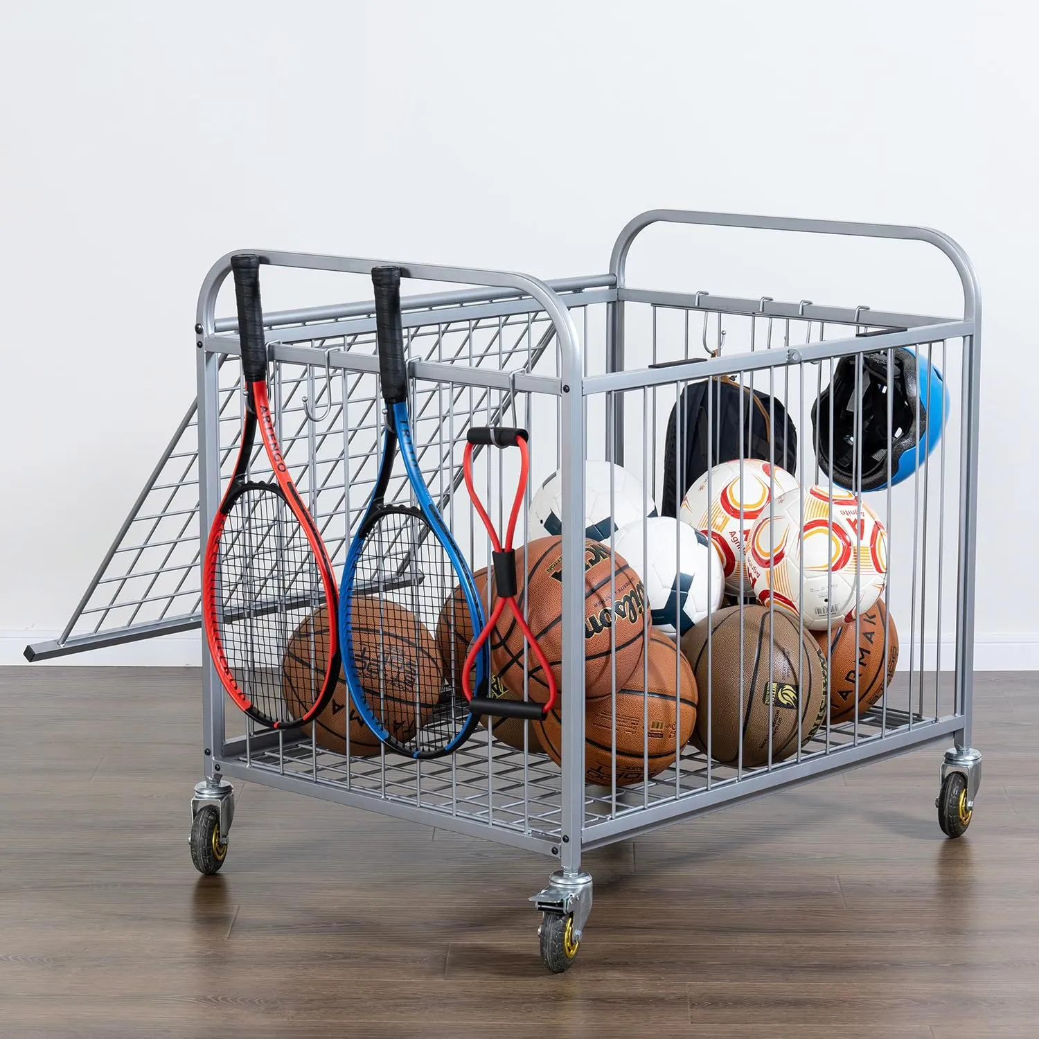 MyGift Large Capacity Metal Rolling Multi Sports Ball Cage Storage Hopper, Gym Equipment Basket Cart with Lockable Latch, Heavy Duty Caster Wheels, and 8 Accessory Hooks