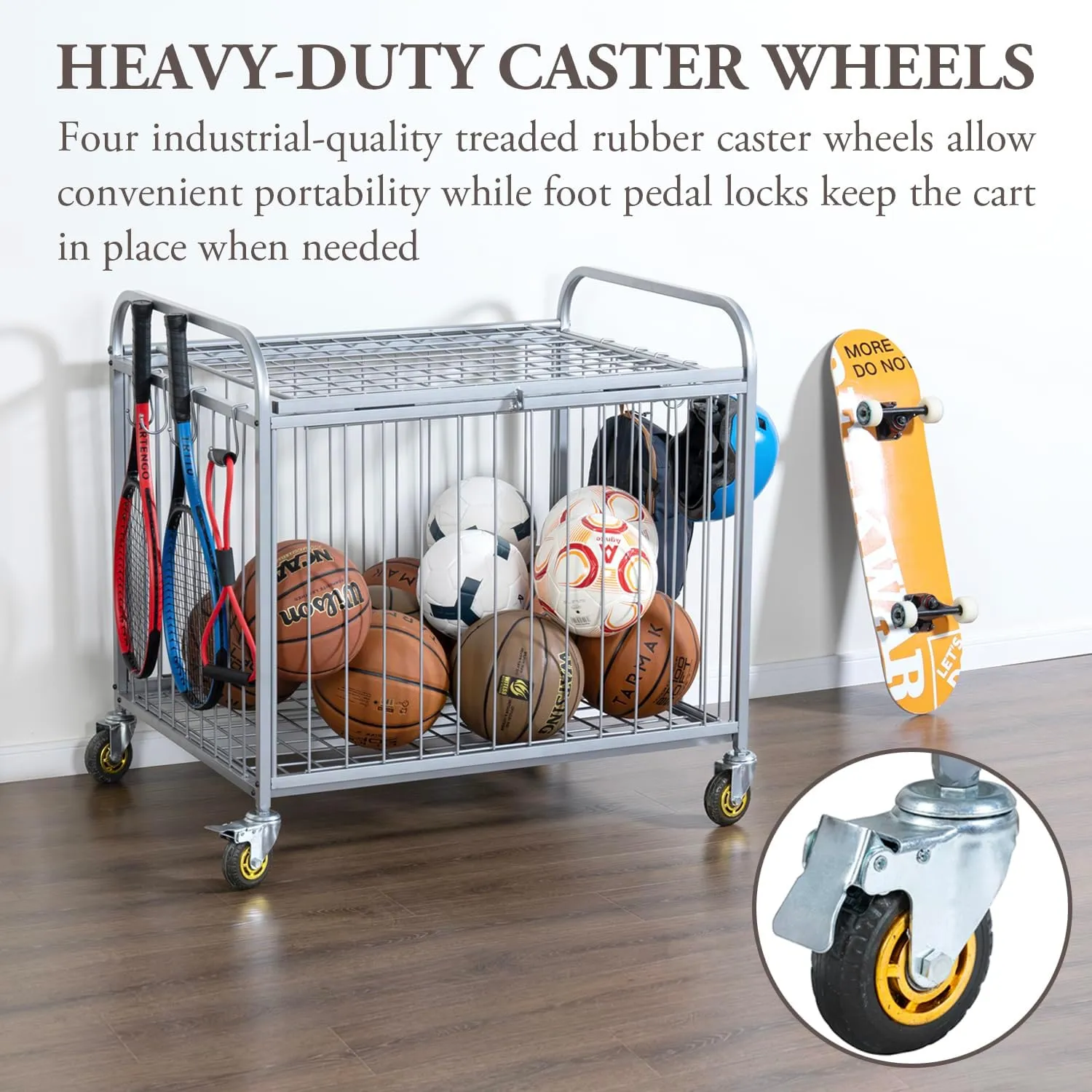 MyGift Large Capacity Metal Rolling Multi Sports Ball Cage Storage Hopper, Gym Equipment Basket Cart with Lockable Latch, Heavy Duty Caster Wheels, and 8 Accessory Hooks