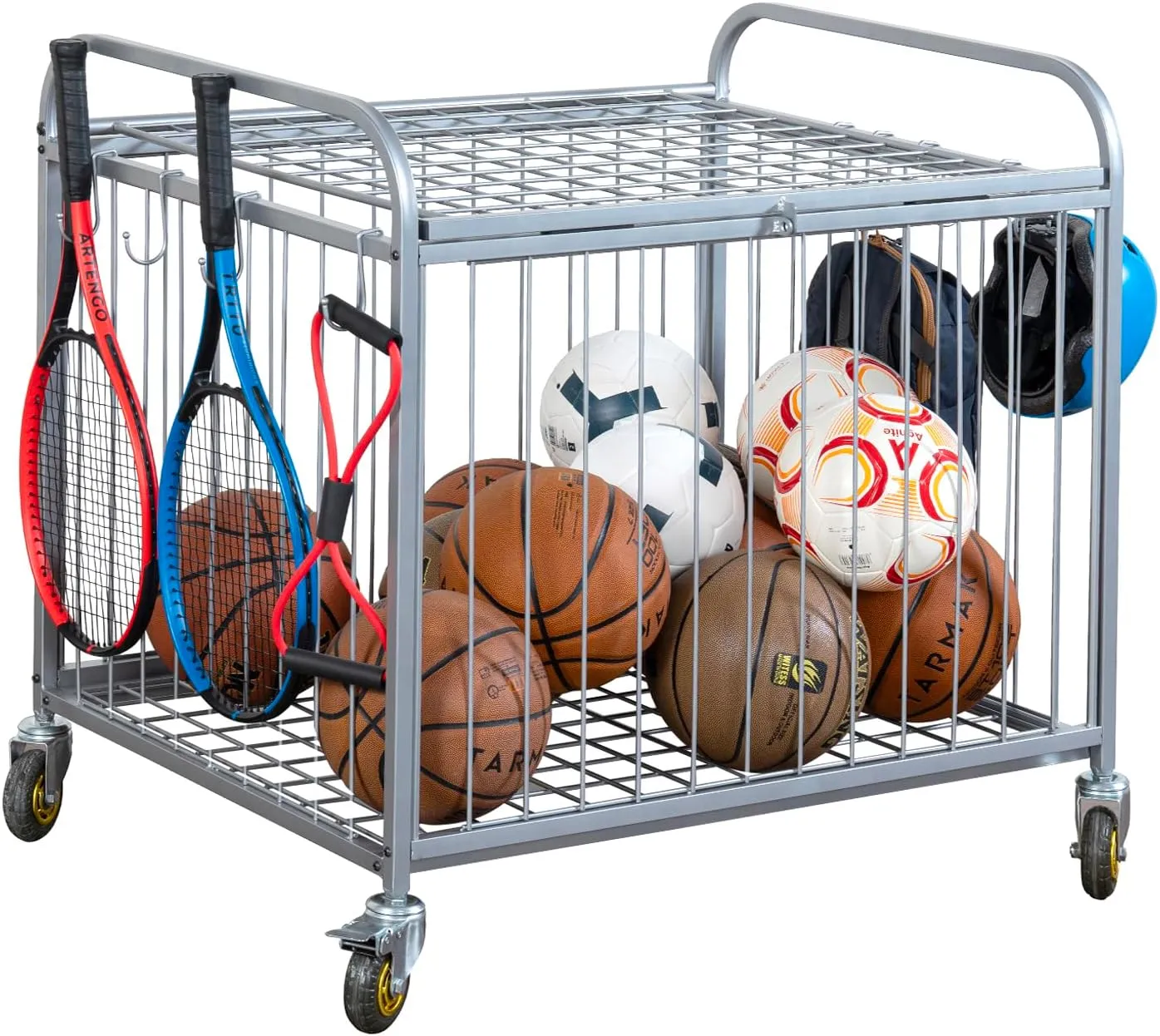 MyGift Large Capacity Metal Rolling Multi Sports Ball Cage Storage Hopper, Gym Equipment Basket Cart with Lockable Latch, Heavy Duty Caster Wheels, and 8 Accessory Hooks