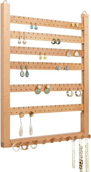 Mymazn Beech Earring Wall Holder Hanging Jewelry Organizer Assembly Earring Display Wall Mount Jewelry Organizer Stud Earring Organizer for Necklaces Rings Scruncies Organization