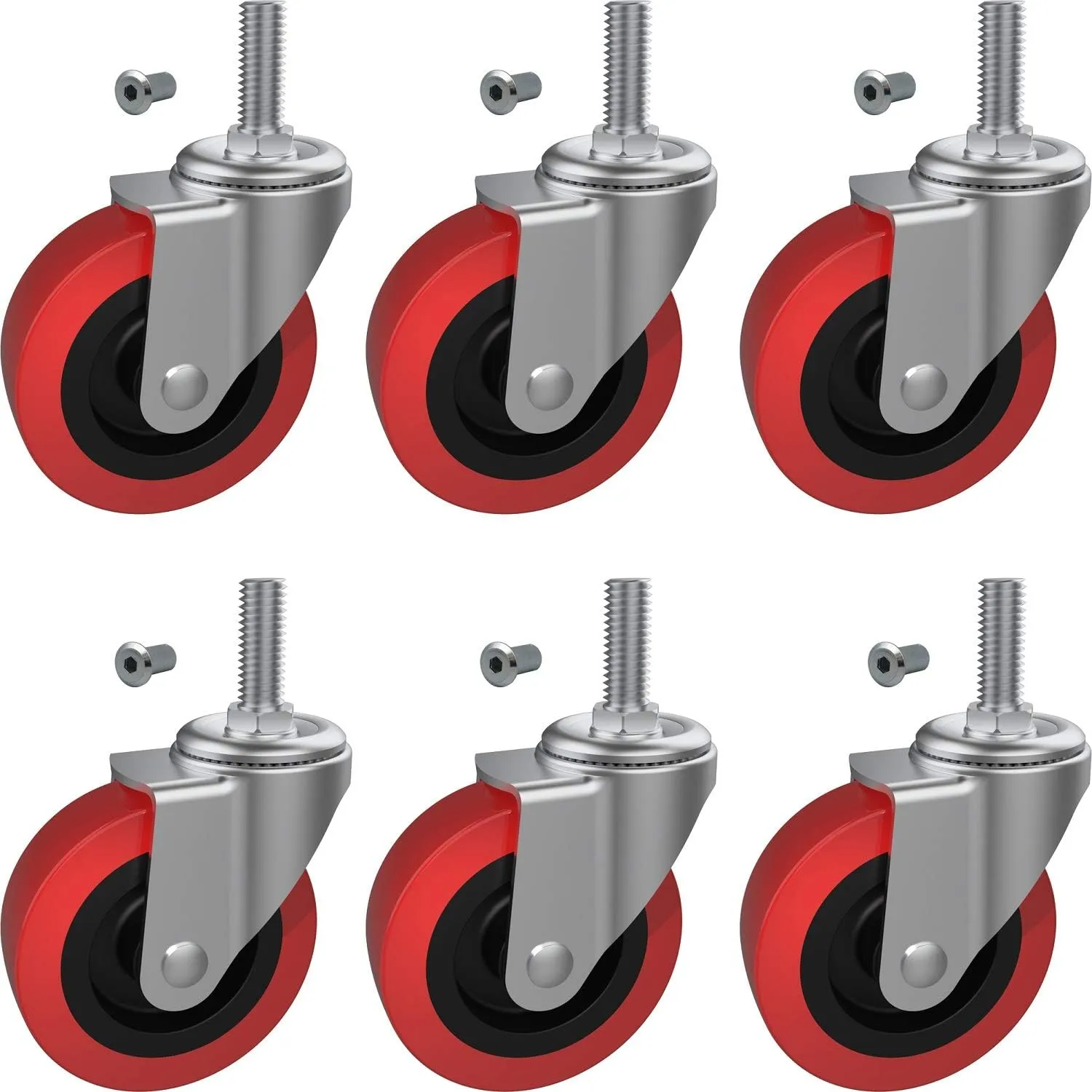 MySit 6 Pack Creeper Wheels 2.5 Inch Heavy Duty Swivel Caster Wheel Creeper Service Cart Stool Post Mount, M10 (Around 3/8") x 1" Metric Threaded Stem Casters Wheels Replacement
