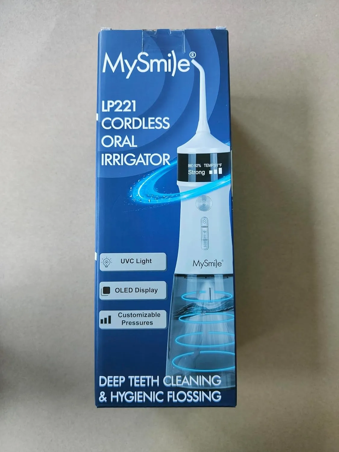 MySmile LP221 UVC Sterilizable Cordless Water Flossers for Teeth 335ML Portable OLED Display Dental Flosser with 4 Modes 8 Jet Tips and a Storage Pouch for Home and Travel (Pearl White)