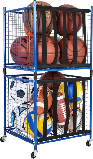 Mythinglogic Rolling Sports Ball Storage Cart, Sports Lockable Ball Storage Locker with Elastic Straps, Stackable Ball Cage for Garage Storage Garage Organizer