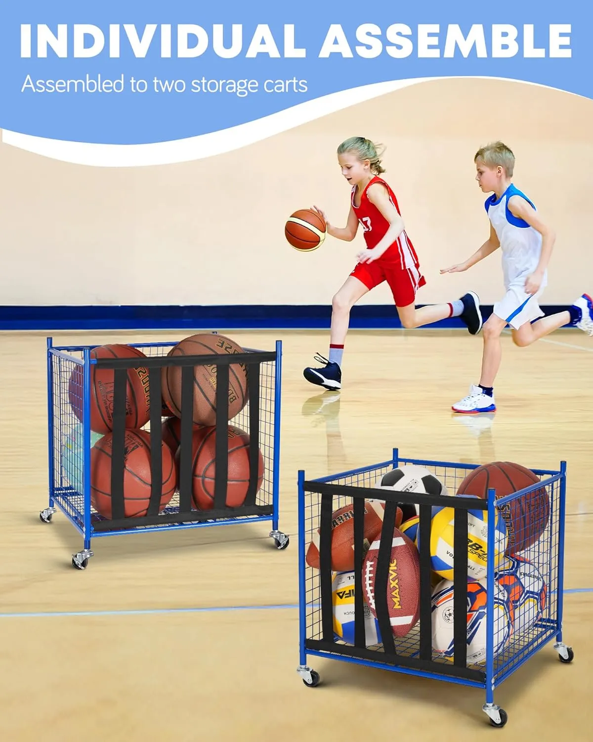 Mythinglogic Rolling Sports Ball Storage Cart, Sports Lockable Ball Storage Locker with Elastic Straps, Stackable Ball Cage for Garage Storage Garage Organizer