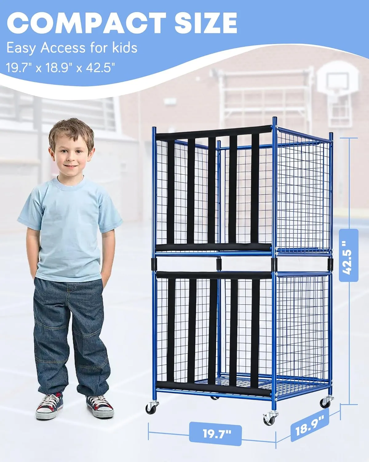 Mythinglogic Rolling Sports Ball Storage Cart, Sports Lockable Ball Storage Locker with Elastic Straps, Stackable Ball Cage for Garage Storage Garage Organizer