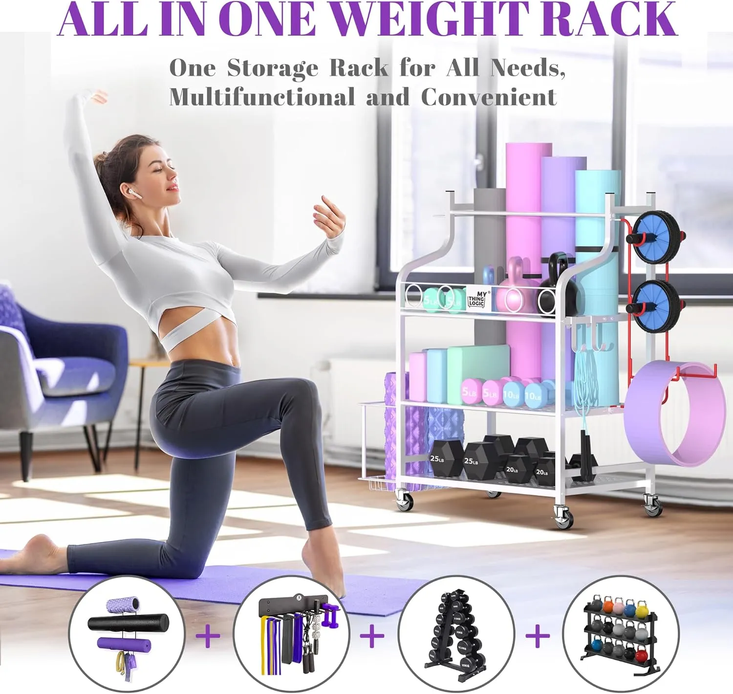 Mythinglogic Yoga Mat Storage Racks,Home Gym Storage Rack for Dumbbells Kettlebells Foam Roller, Yoga Strap and Resistance Bands, Workout Equipment Storage Organizer With Hooks and Wheels