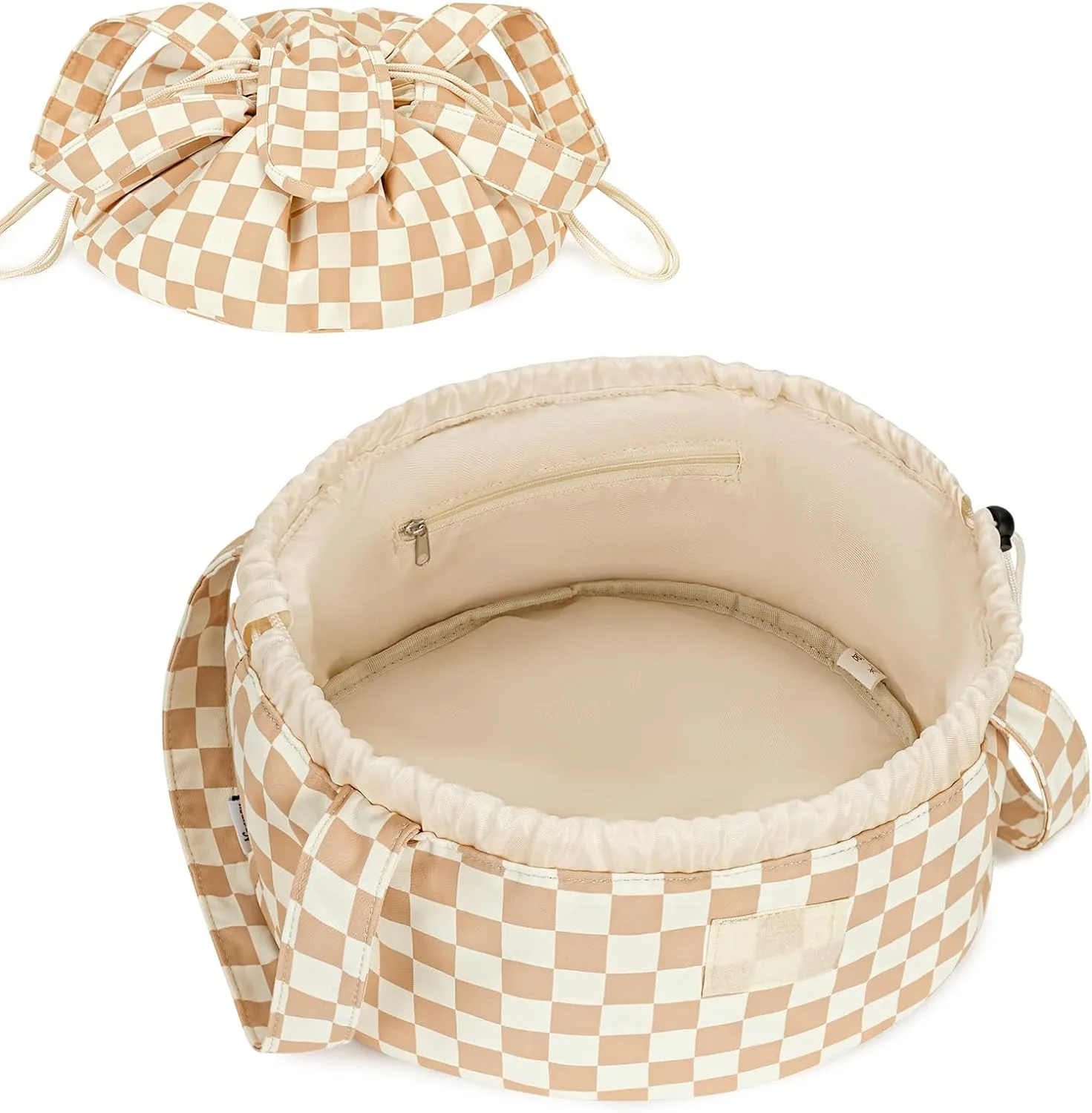 Narwey Barrel Drawstring Checkered Makeup Bag Large Cosmetic Bag Make up Bags Toiletry Bag Travel Bags for Toiletries Organizer for Women Gift for Teen Girls (Brown Checkerboard) (Patent)
