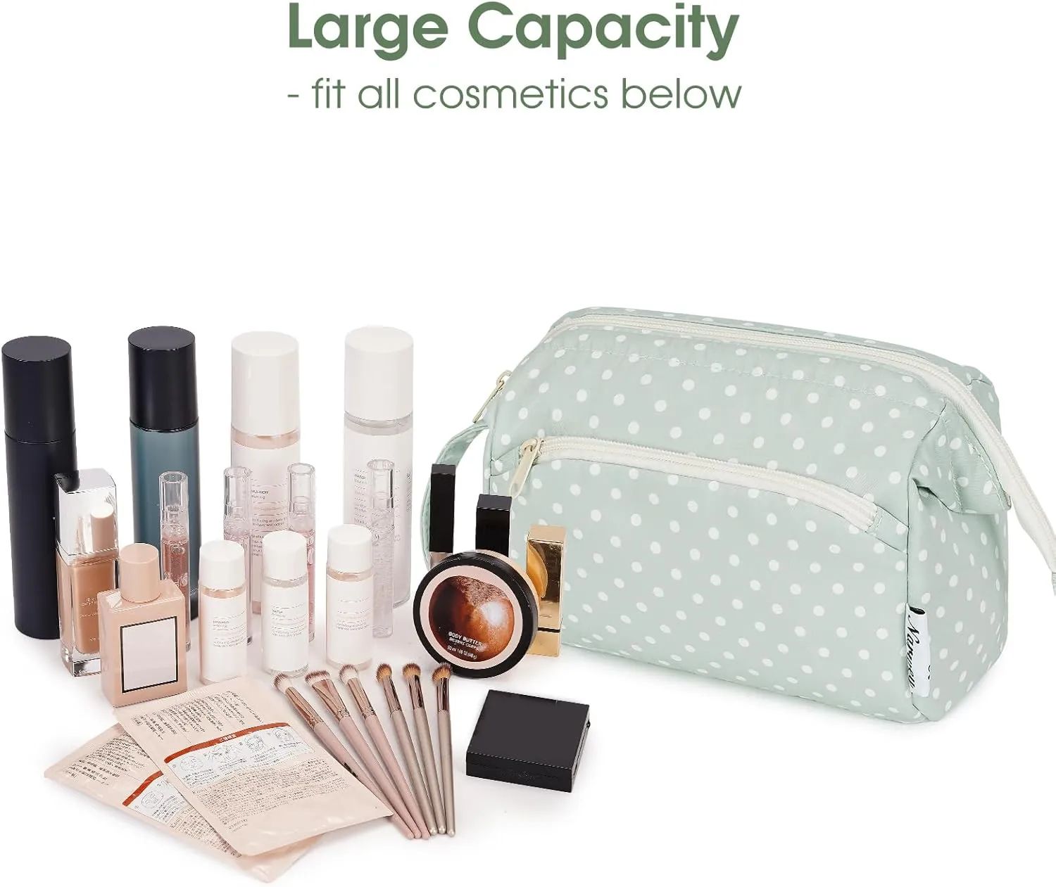 Narwey Large Women Makeup Bag Wide-open Make up Bag Travel Cosmetic Organizer Toiletry Bag for Cosmetics Toiletries Accessories (Mint Green Polka Dot)