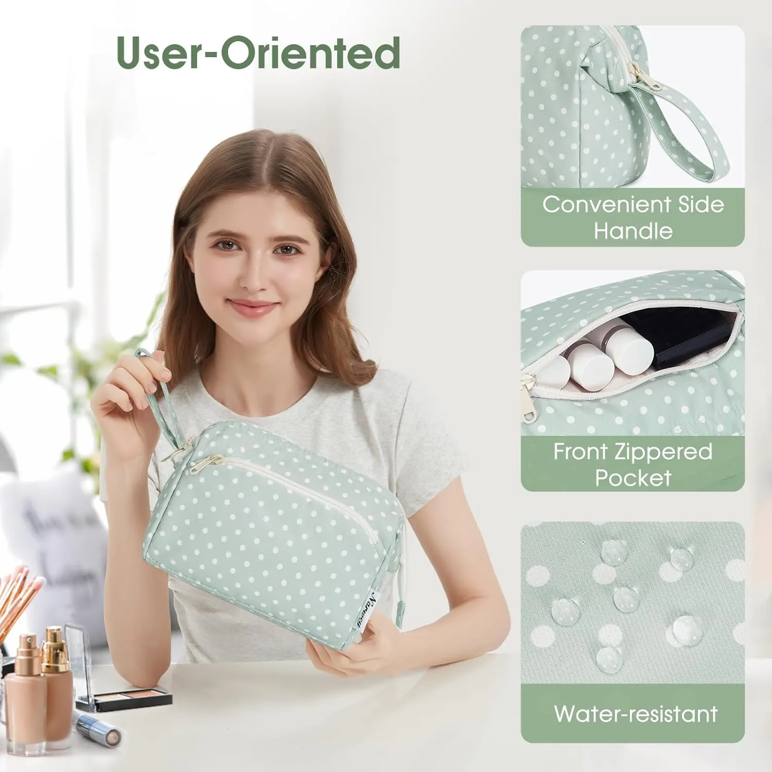 Narwey Large Women Makeup Bag Wide-open Make up Bag Travel Cosmetic Organizer Toiletry Bag for Cosmetics Toiletries Accessories (Mint Green Polka Dot)