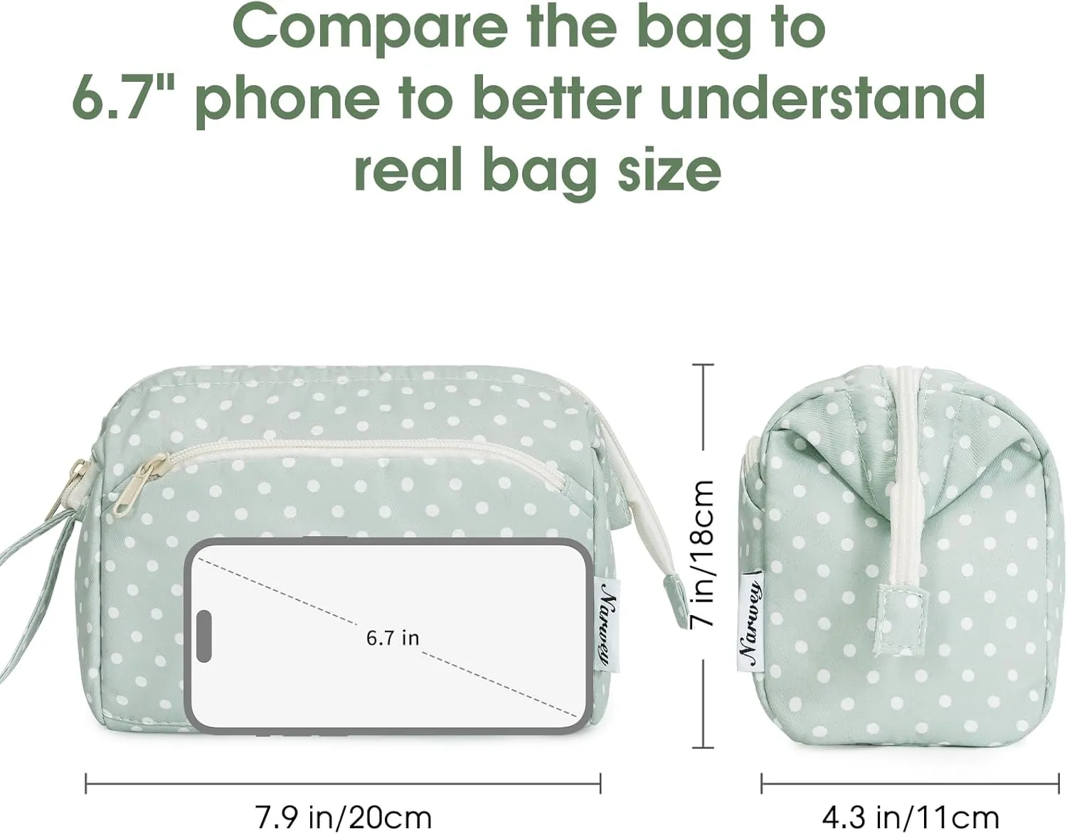 Narwey Large Women Makeup Bag Wide-open Make up Bag Travel Cosmetic Organizer Toiletry Bag for Cosmetics Toiletries Accessories (Mint Green Polka Dot)