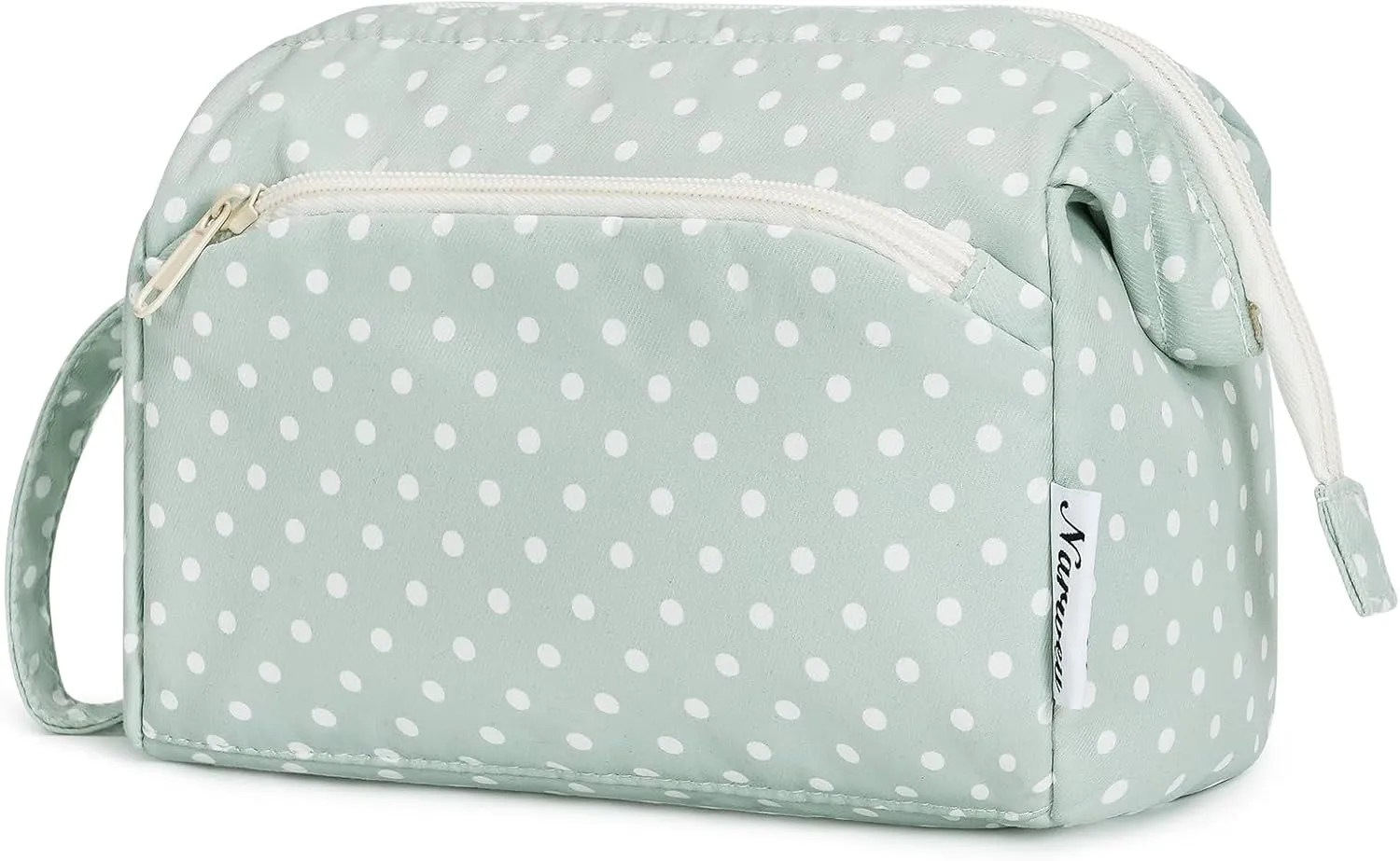 Narwey Large Women Makeup Bag Wide-open Make up Bag Travel Cosmetic Organizer Toiletry Bag for Cosmetics Toiletries Accessories (Mint Green Polka Dot)