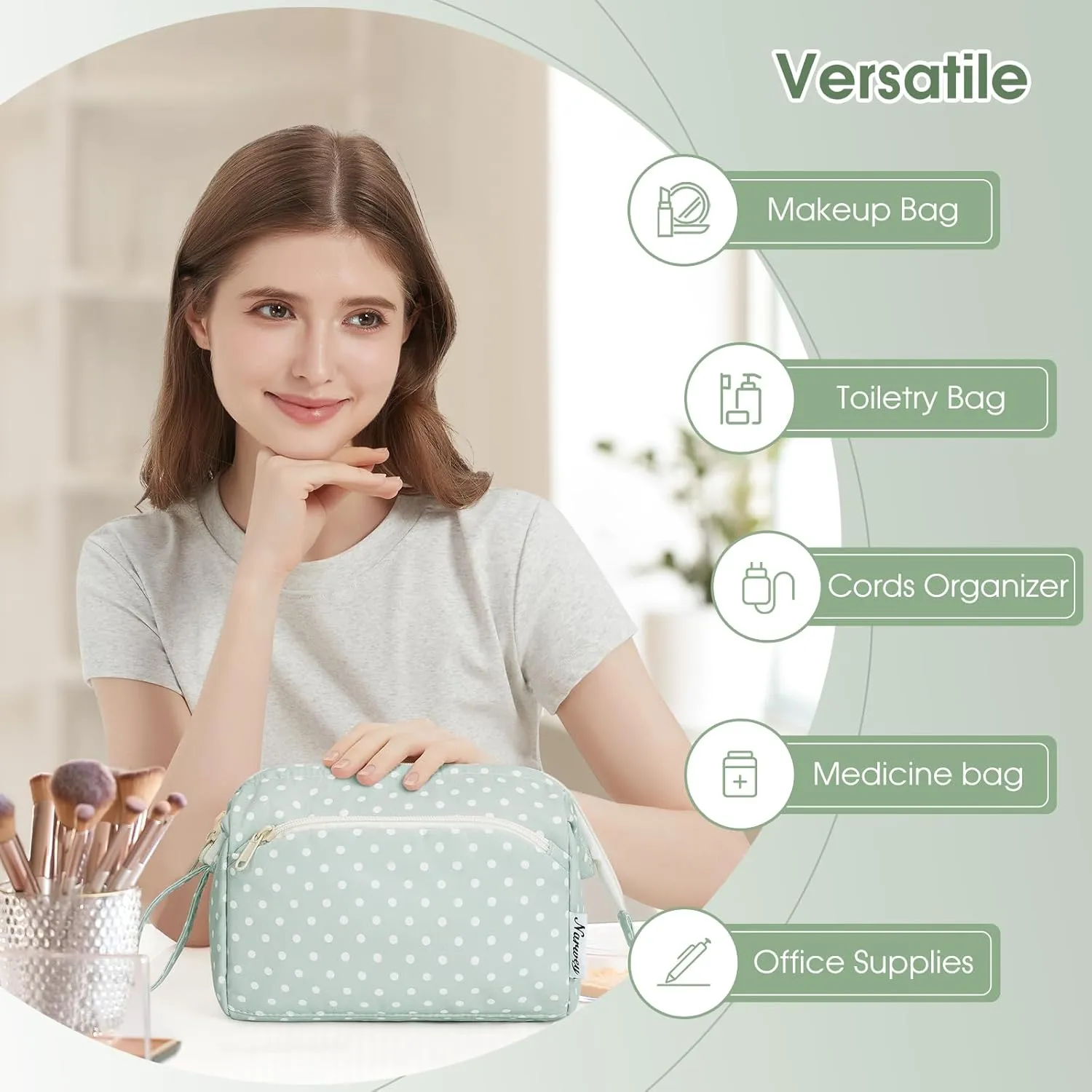 Narwey Large Women Makeup Bag Wide-open Make up Bag Travel Cosmetic Organizer Toiletry Bag for Cosmetics Toiletries Accessories (Mint Green Polka Dot)
