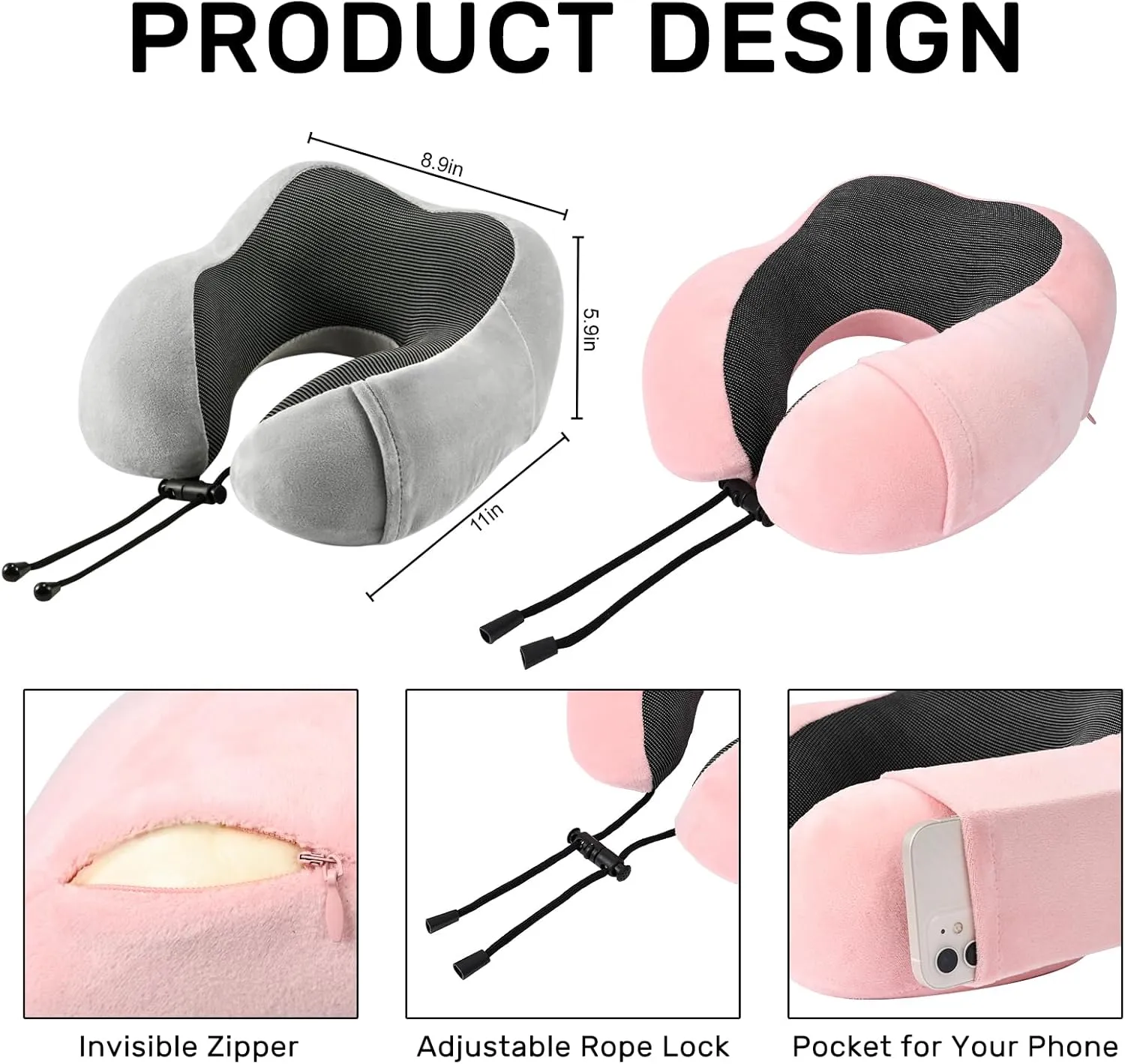 Neck Pillow Airplane-2 Pack Memory Foam Travel Pillow, Soft & Support Travel Neck Pillow for Travelling, Sleeping Rest, Car, Train and Home Use (Grey&Pink)