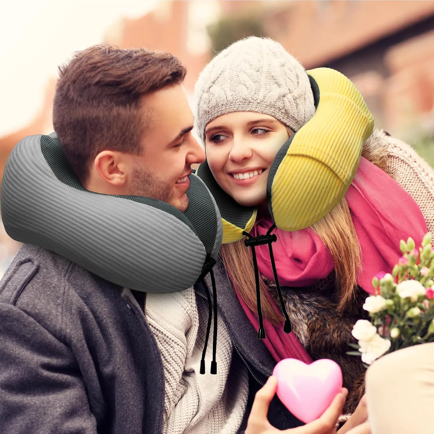 Neck Pillow Airplane-2 Pack Memory Foam Travel Pillow, Soft & Support Travel Neck Pillow for Travelling, Sleeping Rest, Car, Train and Home Use (Grey&Yellow)