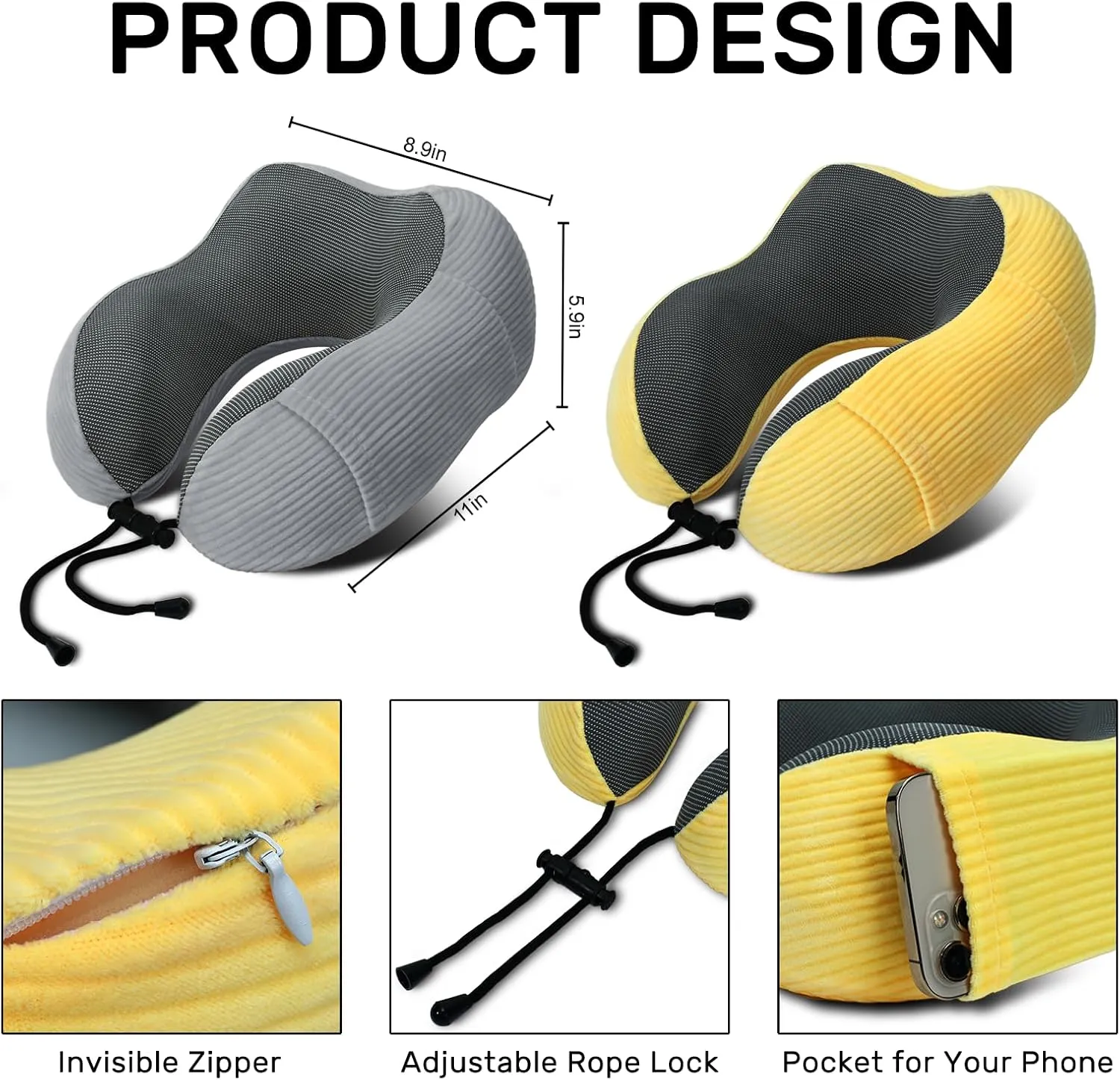 Neck Pillow Airplane-2 Pack Memory Foam Travel Pillow, Soft & Support Travel Neck Pillow for Travelling, Sleeping Rest, Car, Train and Home Use (Grey&Yellow)