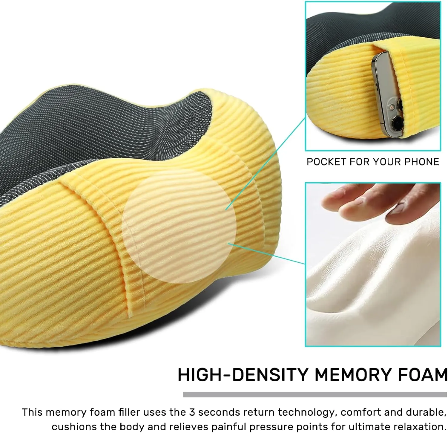 Neck Pillow Airplane-2 Pack Memory Foam Travel Pillow, Soft & Support Travel Neck Pillow for Travelling, Sleeping Rest, Car, Train and Home Use (Grey&Yellow)