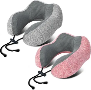 Neck Pillow Airplane-2 Pack Memory Foam Travel Pillow, Soft & Support Travel Neck Pillow for Travelling, Sleeping Rest, Car, Train and Home Use (Pink&Grey)