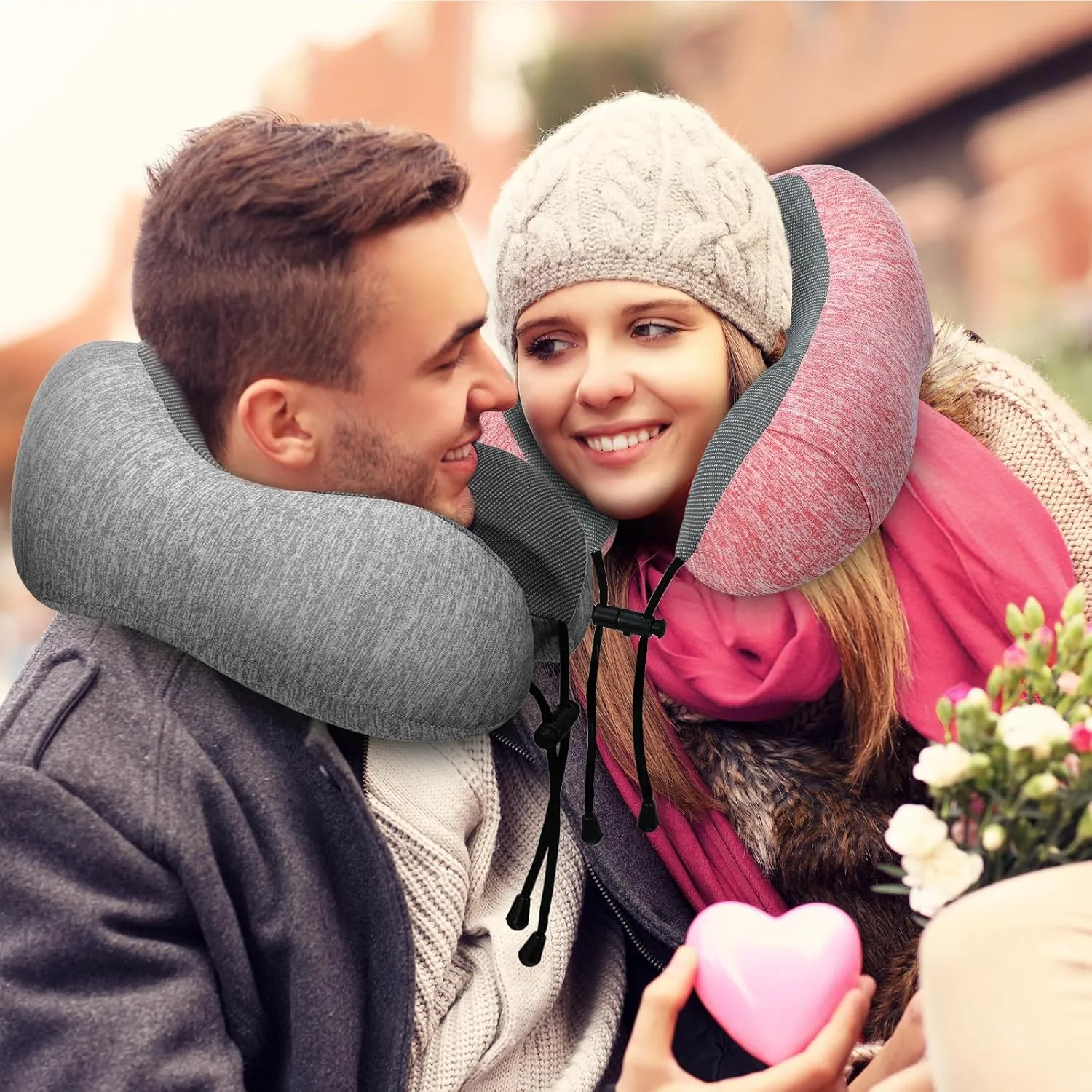 Neck Pillow Airplane-2 Pack Memory Foam Travel Pillow, Soft & Support Travel Neck Pillow for Travelling, Sleeping Rest, Car, Train and Home Use (Pink&Grey)