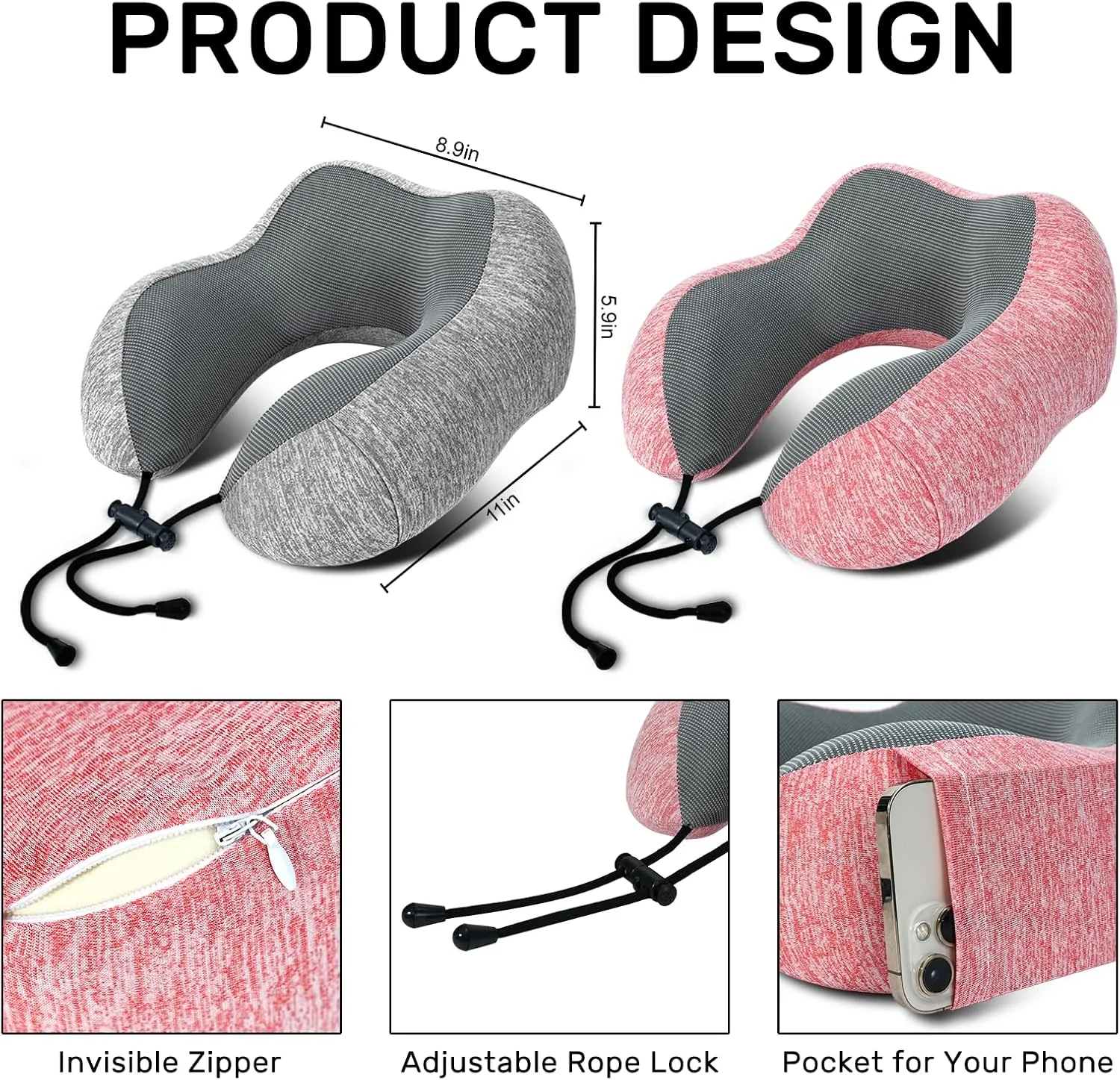 Neck Pillow Airplane-2 Pack Memory Foam Travel Pillow, Soft & Support Travel Neck Pillow for Travelling, Sleeping Rest, Car, Train and Home Use (Pink&Grey)