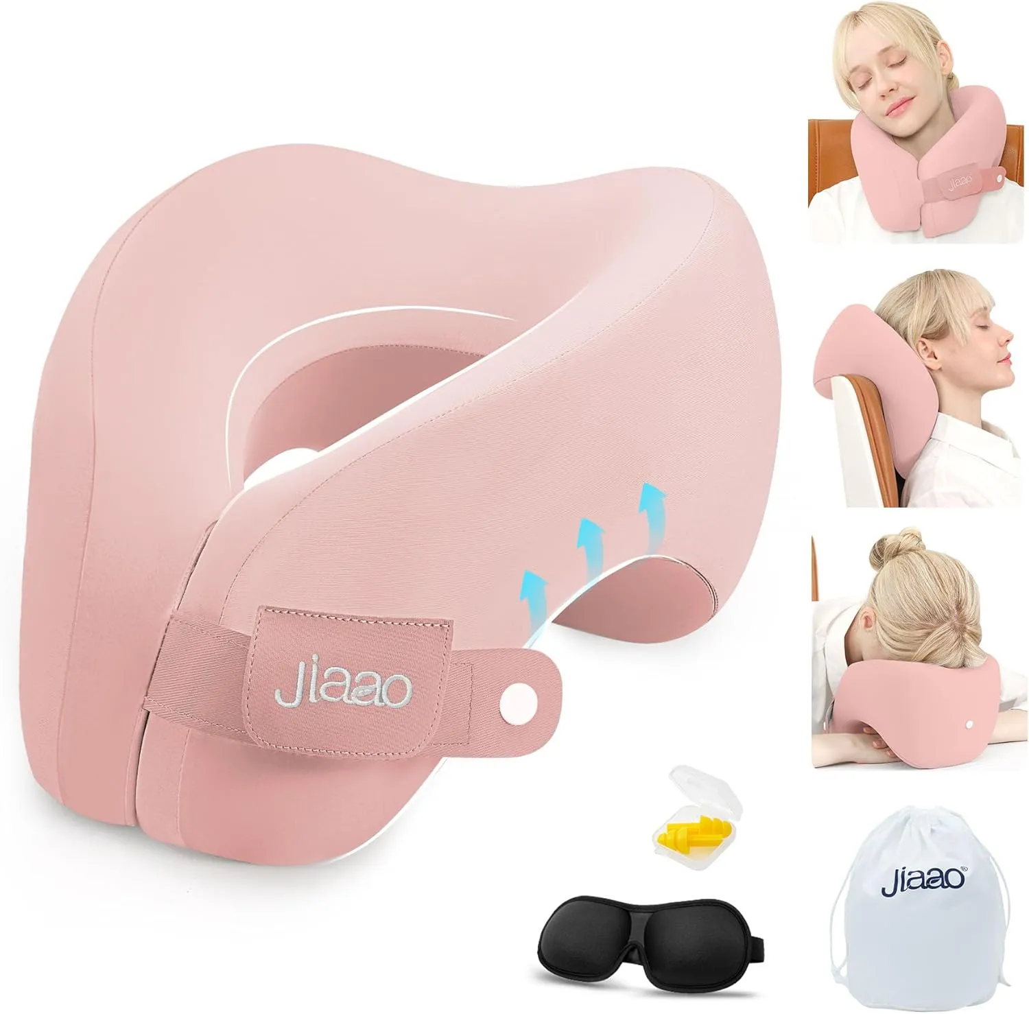 Neck Pillow Airplane, Ergonomic Memory Foam Travel Pillows for Long Flights, 3D Eye Masks, Ear Plugs and Portable Drawstring Bag, Napping Pillow for Home, Sleep Rest, Family and Travel Use