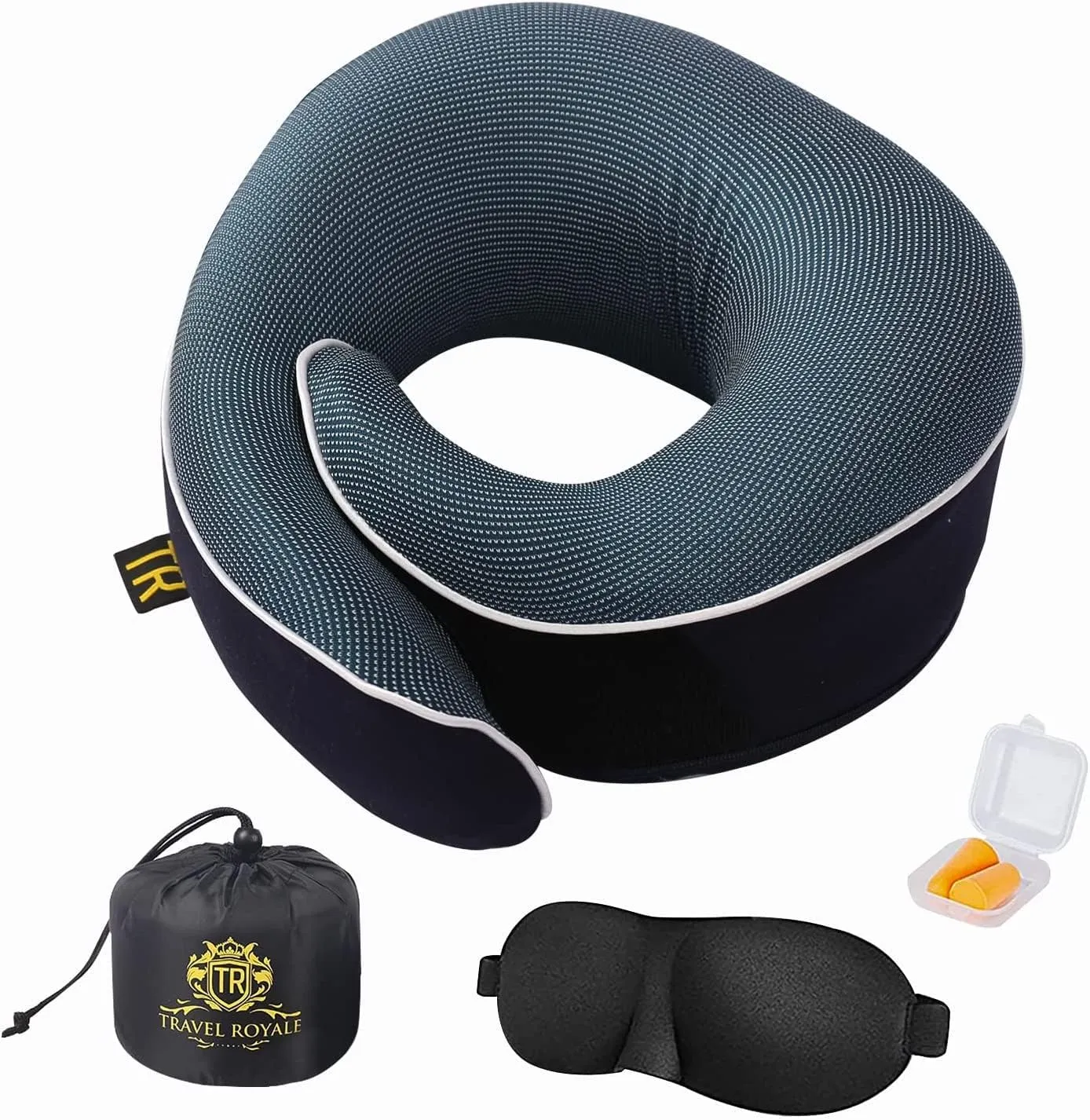 Neck Pillow Head, Chin, Neck 360° Support Pillow Adjustable 100% Pure Memory Foam Pillow for Airplanes, Car & Home, Ergonomic Design Full Neck Surround Bundle Eyecover & Earplugs (Navy)