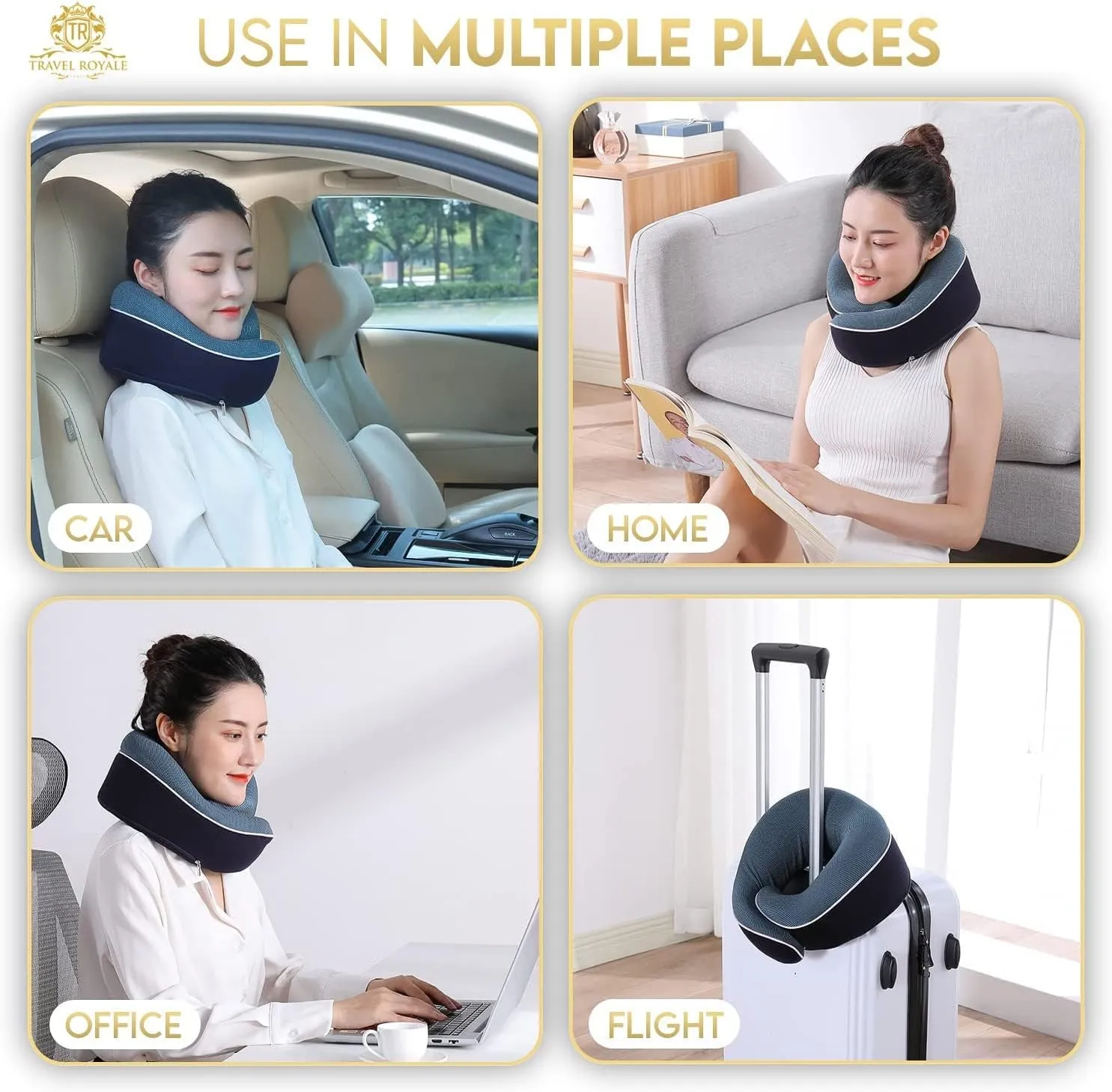 Neck Pillow Head, Chin, Neck 360° Support Pillow Adjustable 100% Pure Memory Foam Pillow for Airplanes, Car & Home, Ergonomic Design Full Neck Surround Bundle Eyecover & Earplugs (Navy)