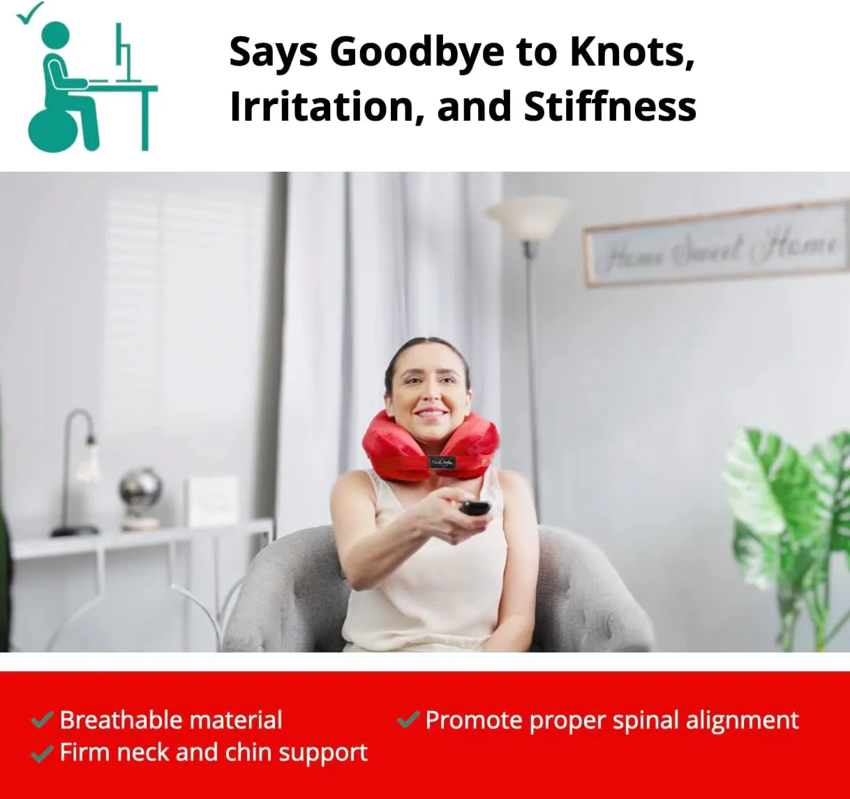 Neck Support Pillow, Ergonomic Cervical Pillow for Sleeping, Travel, Work, Memory Foam Comfort for Pain Relief, Red