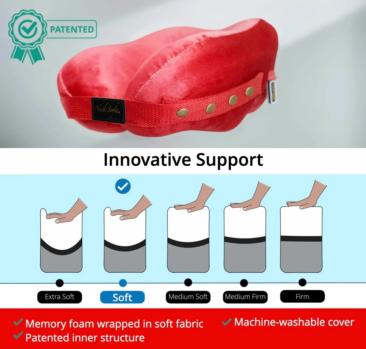 Neck Support Pillow, Ergonomic Cervical Pillow for Sleeping, Travel, Work, Memory Foam Comfort for Pain Relief, Red
