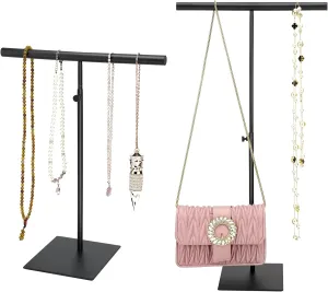 Necklace Holder Stand, 2Pcs Black Stainless Jewelry Display Stand, Purse Display Hanging Stand, Adjustable Height Display Stand Tower Stand for Necklaces, Bracelets, Bag