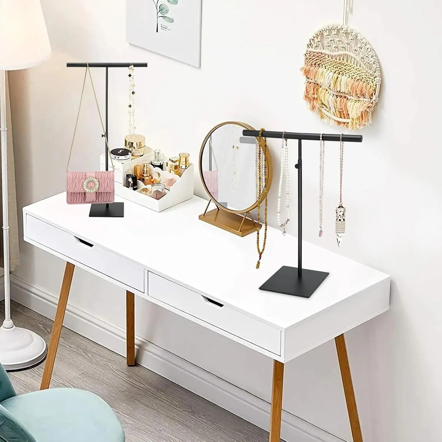 Necklace Holder Stand, 2Pcs Black Stainless Jewelry Display Stand, Purse Display Hanging Stand, Adjustable Height Display Stand Tower Stand for Necklaces, Bracelets, Bag