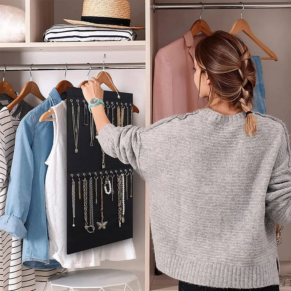 Necklace Organizer Hanging Jewelry Organizer Felt Decorative Wall Mounted Earrings Bracelet Storage Display Holder with 24 Hooks