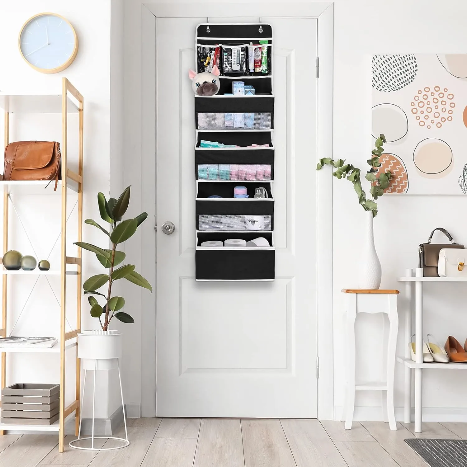 NesTidy Over The Door Organizer Storage, Wall Mount Hanging Organizer with 4 Large Capacity Pocket Organizers and 3 Small Pockets for Baby Essentials, Toys, Cosmetics, and Sundries (Black, 1 Pack)