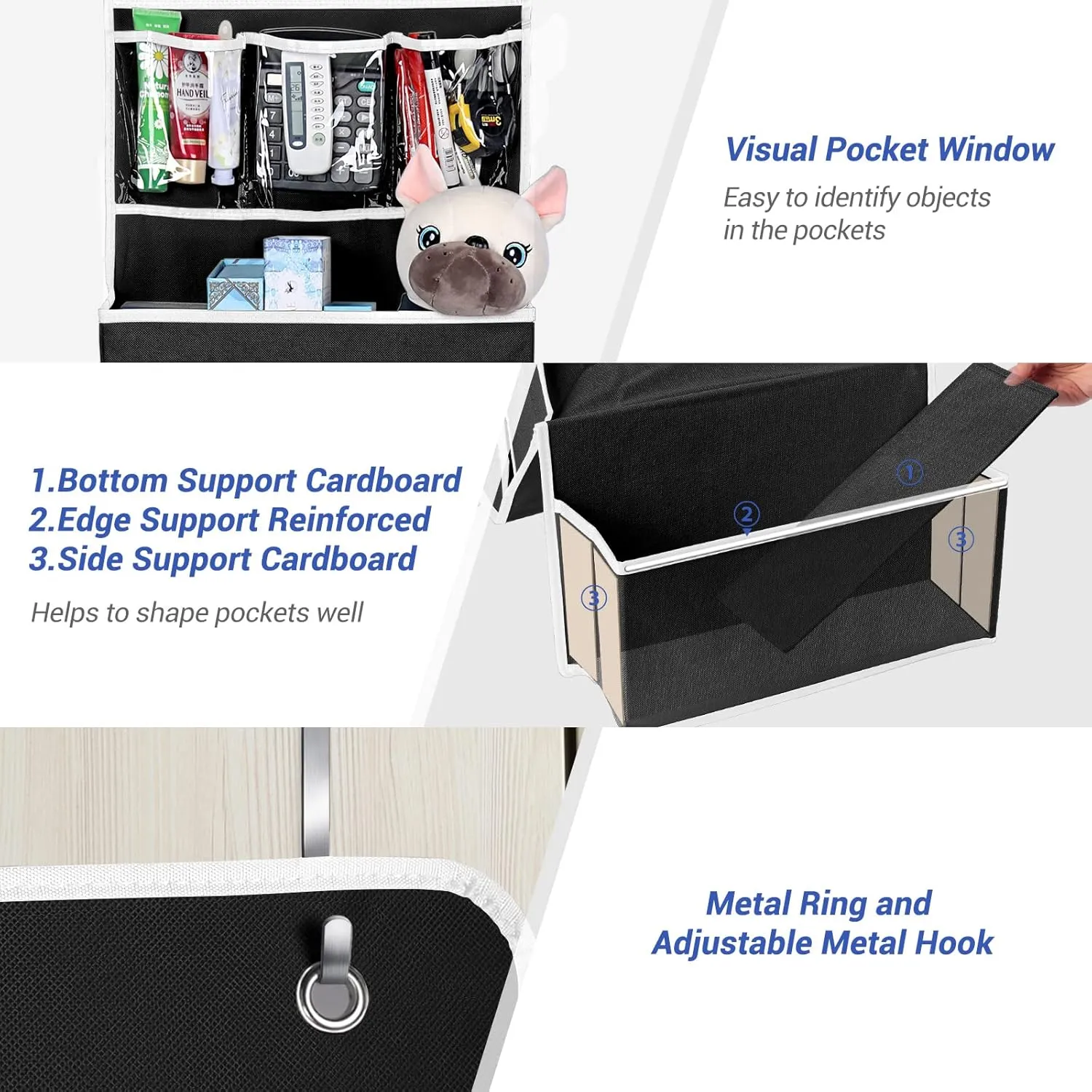 NesTidy Over The Door Organizer Storage, Wall Mount Hanging Organizer with 4 Large Capacity Pocket Organizers and 3 Small Pockets for Baby Essentials, Toys, Cosmetics, and Sundries (Black, 1 Pack)