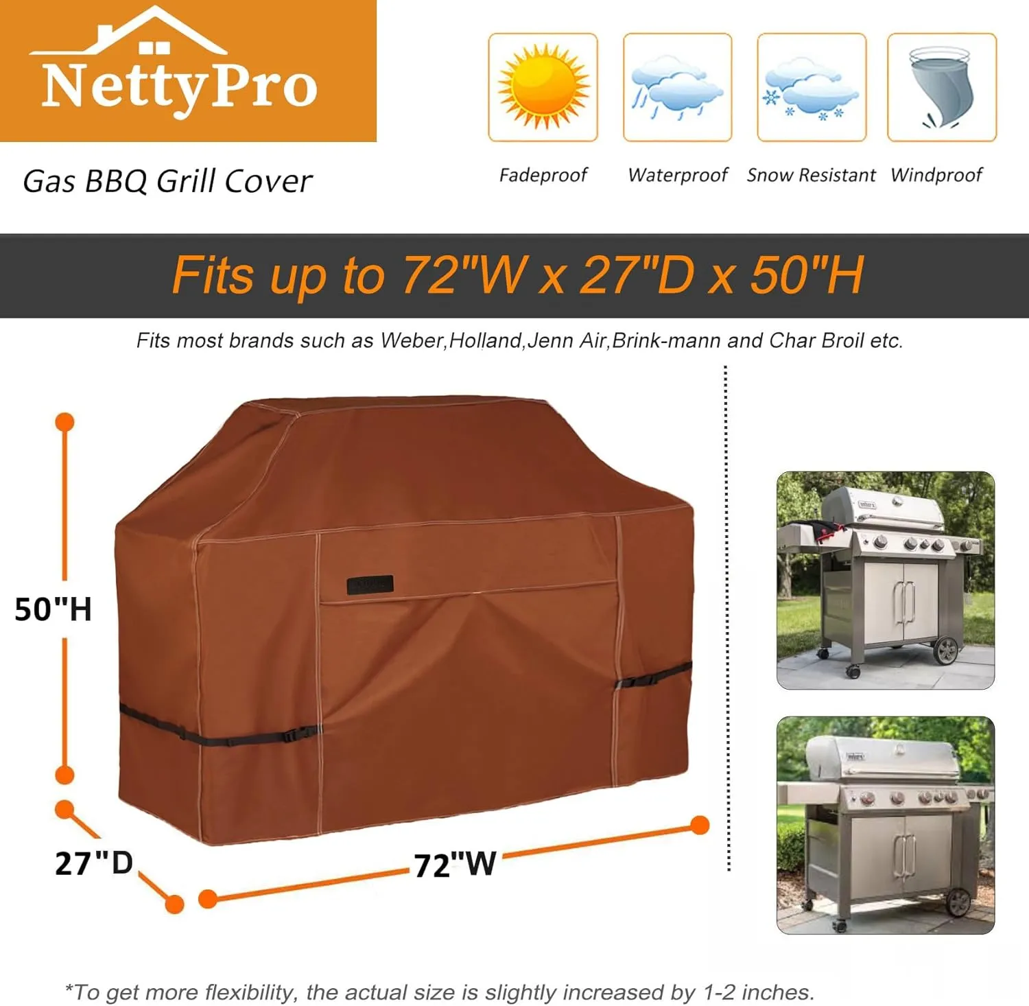 NettyPro Grill Cover Heavy Duty Waterproof 72 Inch, BBQ Gas Grill Cover for Large Weber, Char-Broil, Brinkmann, Jenn Air, Nexgrill Grills and More, Brown