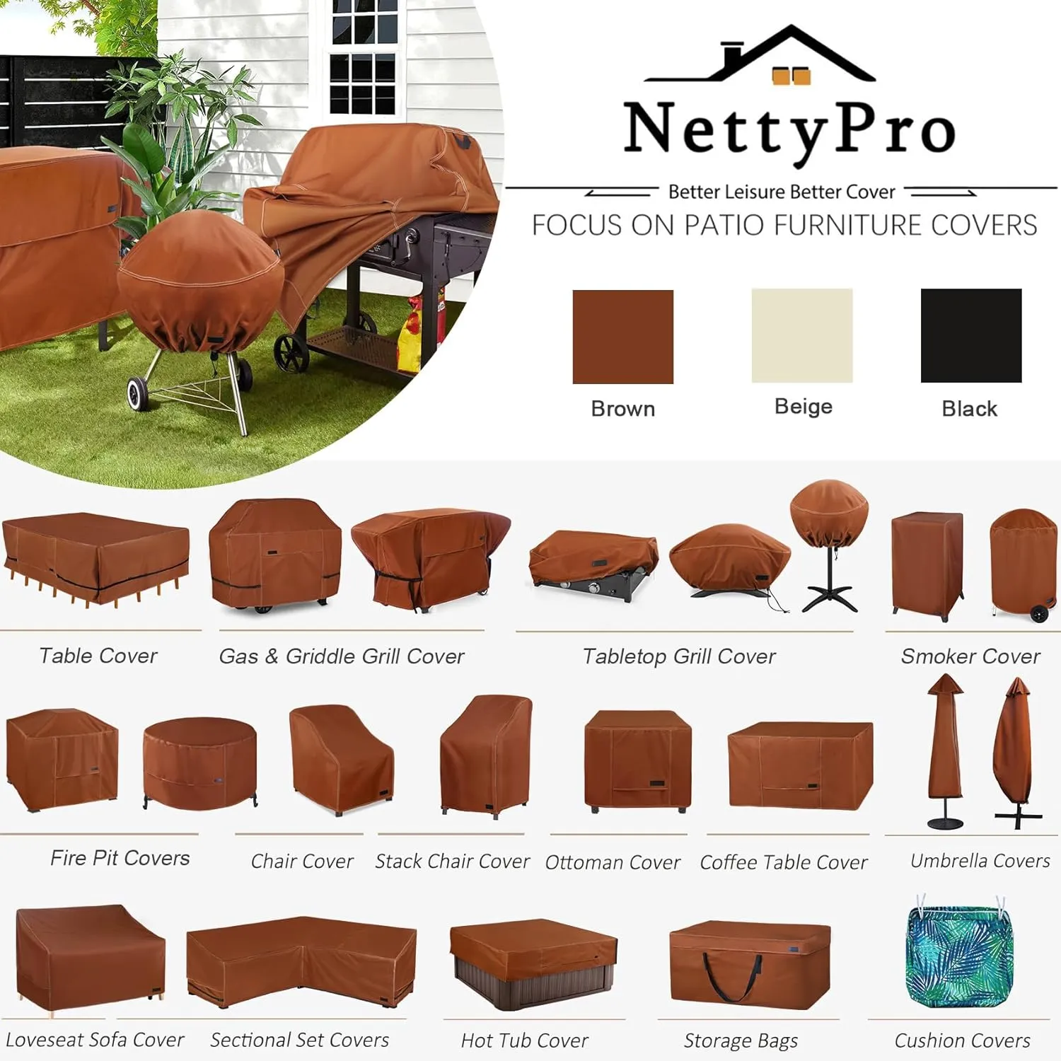 NettyPro Grill Cover Heavy Duty Waterproof 72 Inch, BBQ Gas Grill Cover for Large Weber, Char-Broil, Brinkmann, Jenn Air, Nexgrill Grills and More, Brown