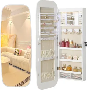 Nicetree LED Mirror Jewelry Cabinet, Rounded Jewelry Armoire Organizer, Wall or Door Mounted Jewelry Organizer with Interior Mirror, Lockable Wide Mirror with Jewelry Storage, 2 Drawers, Pure White