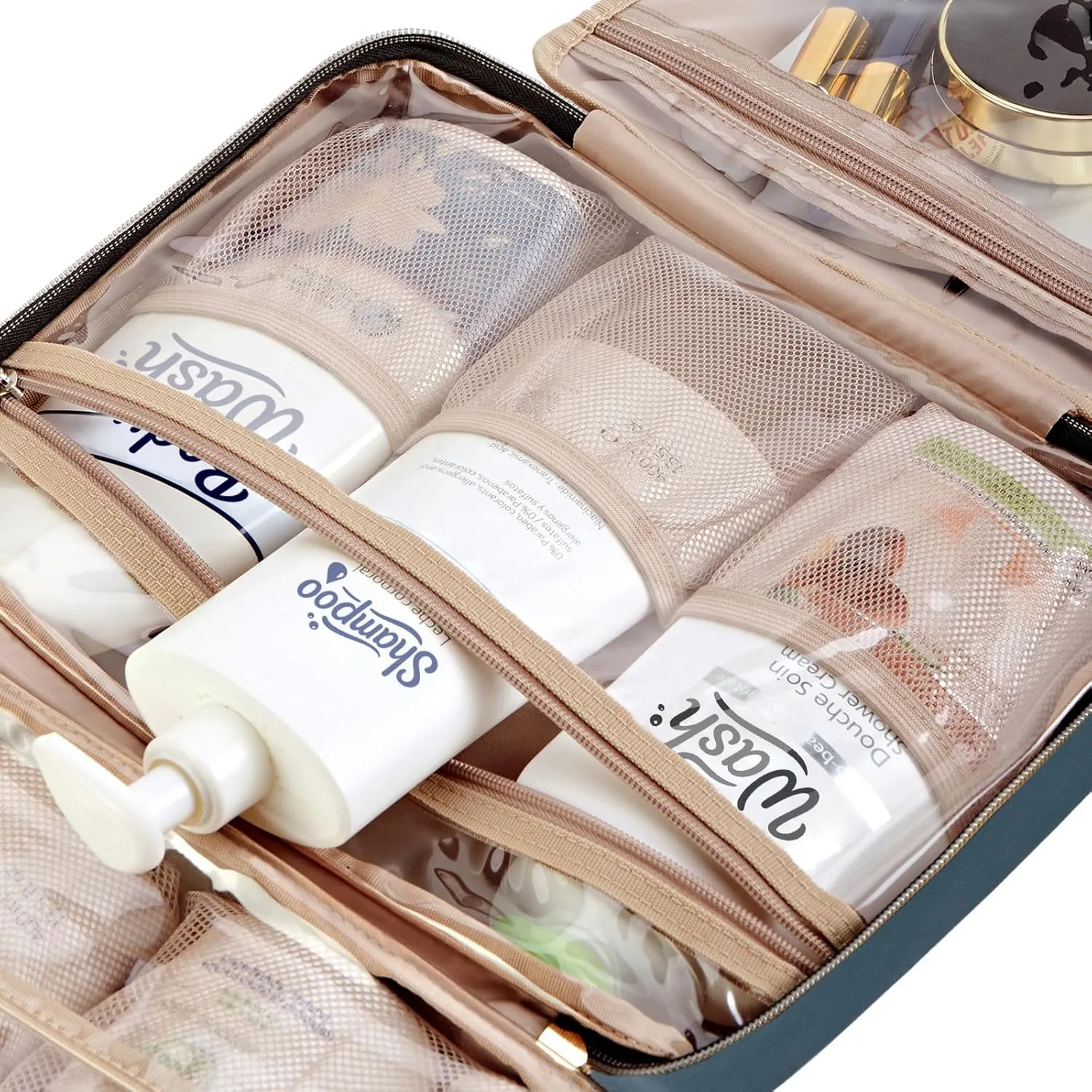 NISHEL Travel Toiletry Bag for women, Portable Hanging Organizer for Full-Sized Shampoo, Conditioner, Brushes Set, Makeup Accessories, Large Size, Lake-Blue
