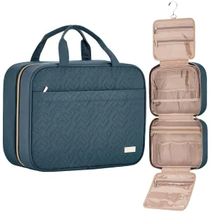 NISHEL Travel Toiletry Bag for women, Portable Hanging Organizer for Full-Sized Shampoo, Conditioner, Brushes Set, Makeup Accessories, Large Size, Lake-Blue