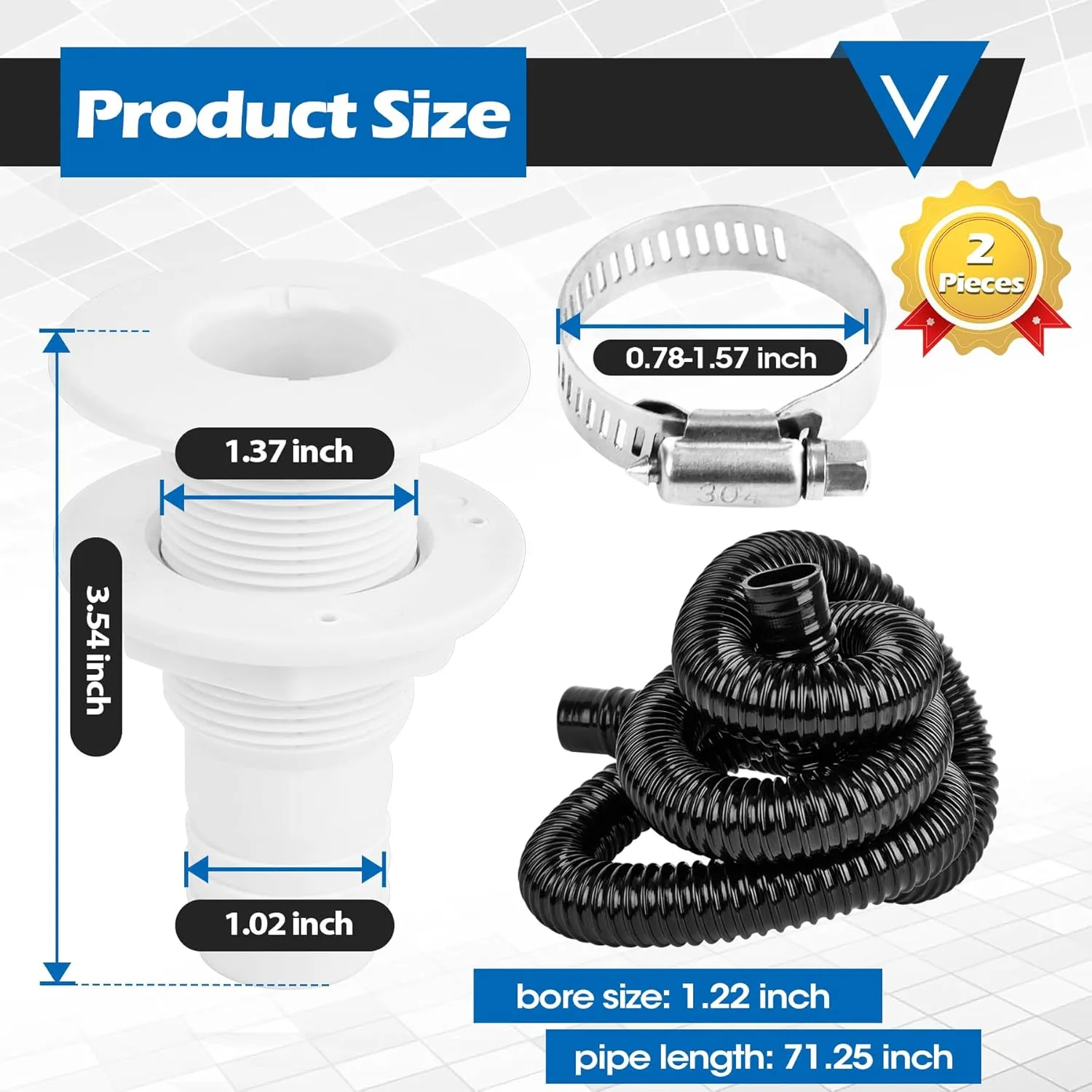 Non-automatic 12V 350 GPH Bilge Pumps, Bilge Pump Kit with 6 Feet/1.8 Meters Bilge Pump Hose, 2 Pcs Stainless Steel Clamps and Thru Hull Fitting, Suitable for Speedboats,Yachts