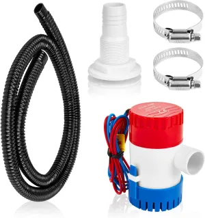 Non-automatic 12V 350 GPH Bilge Pumps, Bilge Pump Kit with 6 Feet/1.8 Meters Bilge Pump Hose, 2 Pcs Stainless Steel Clamps and Thru Hull Fitting, Suitable for Speedboats,Yachts
